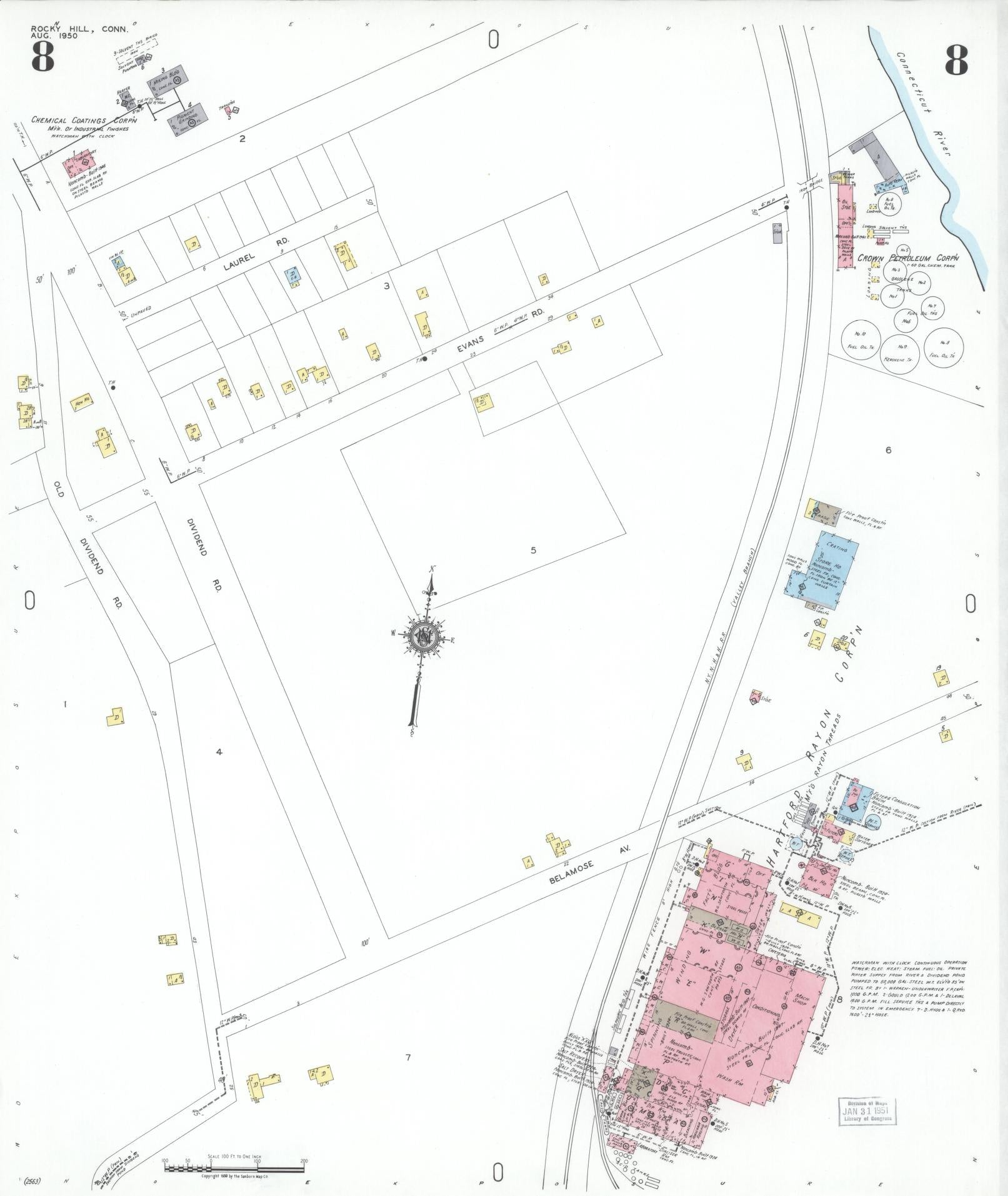 Sanborn Fire Insurance Map from Rocky Hill, Hartford County, Connecticut (1950), Sheet #0008 - Historic Sanborn Fire Insurance Map Print, vintage old map wall art, antique decor, genealogy gift, Connecticut Connecticut map