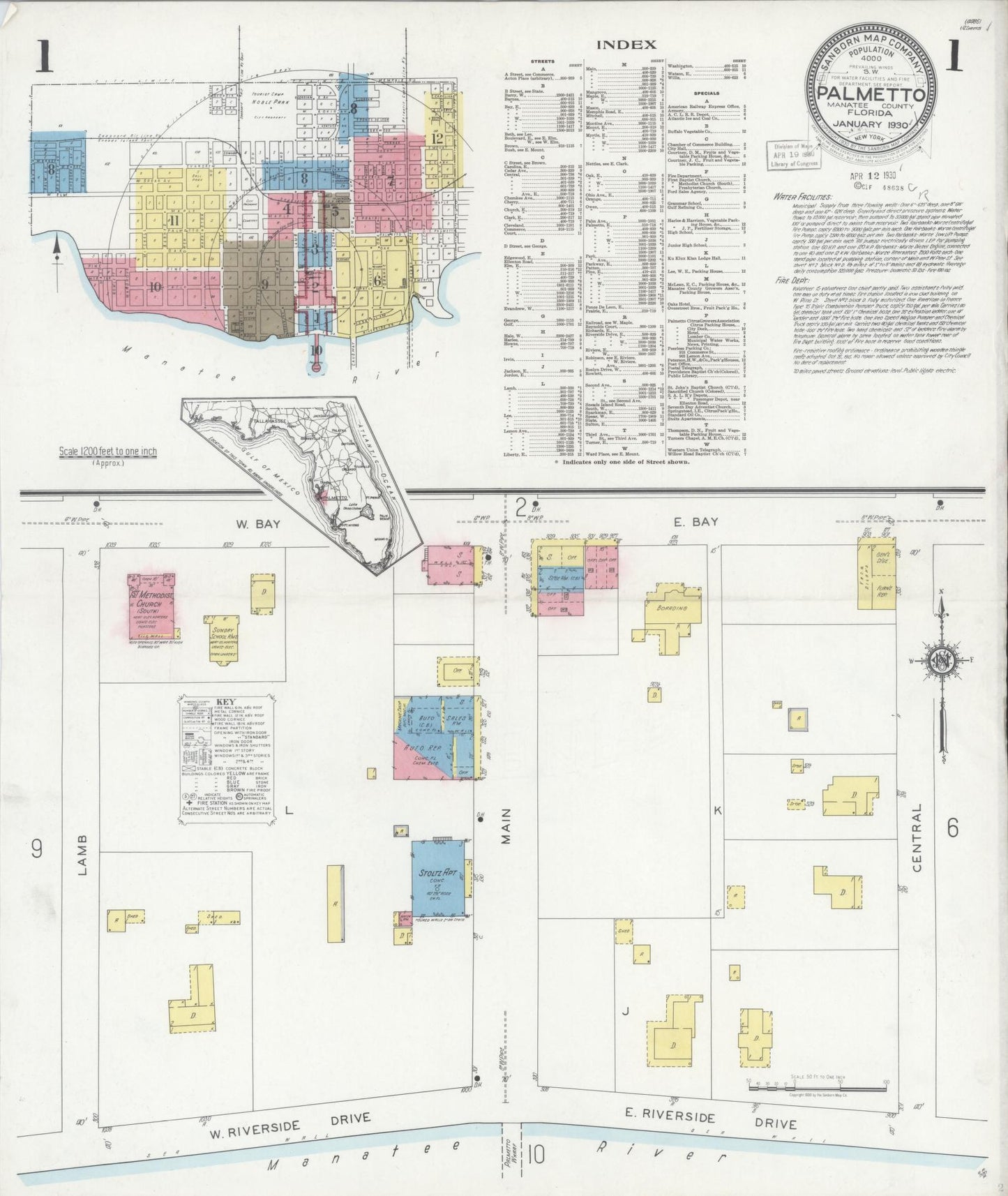 Sanborn Fire Insurance Map from Palmetto, Manatee County, Florida (1930), Sheet #0001 - Complete Map Set gallery image, historic Sanborn map, vintage wall art, Florida Florida