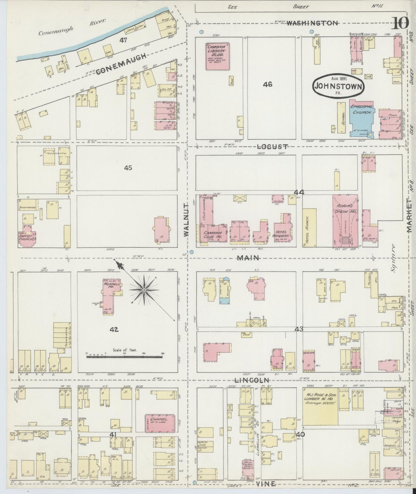 Sanborn Fire Insurance Map from Johnstown, Cambria County, Pennsylvania (1891), Sheet #0010 - Historic Sanborn Fire Insurance Map Print, vintage old map wall art, antique decor, genealogy gift, Pennsylvania Pennsylvania map