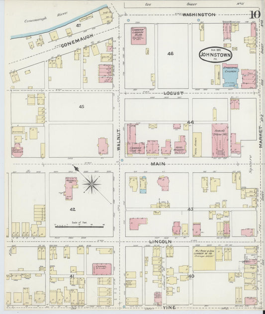 Sanborn Fire Insurance Map from Johnstown, Cambria County, Pennsylvania (1891), Sheet #0010 - Historic Sanborn Fire Insurance Map Print, vintage old map wall art, antique decor, genealogy gift, Pennsylvania Pennsylvania map
