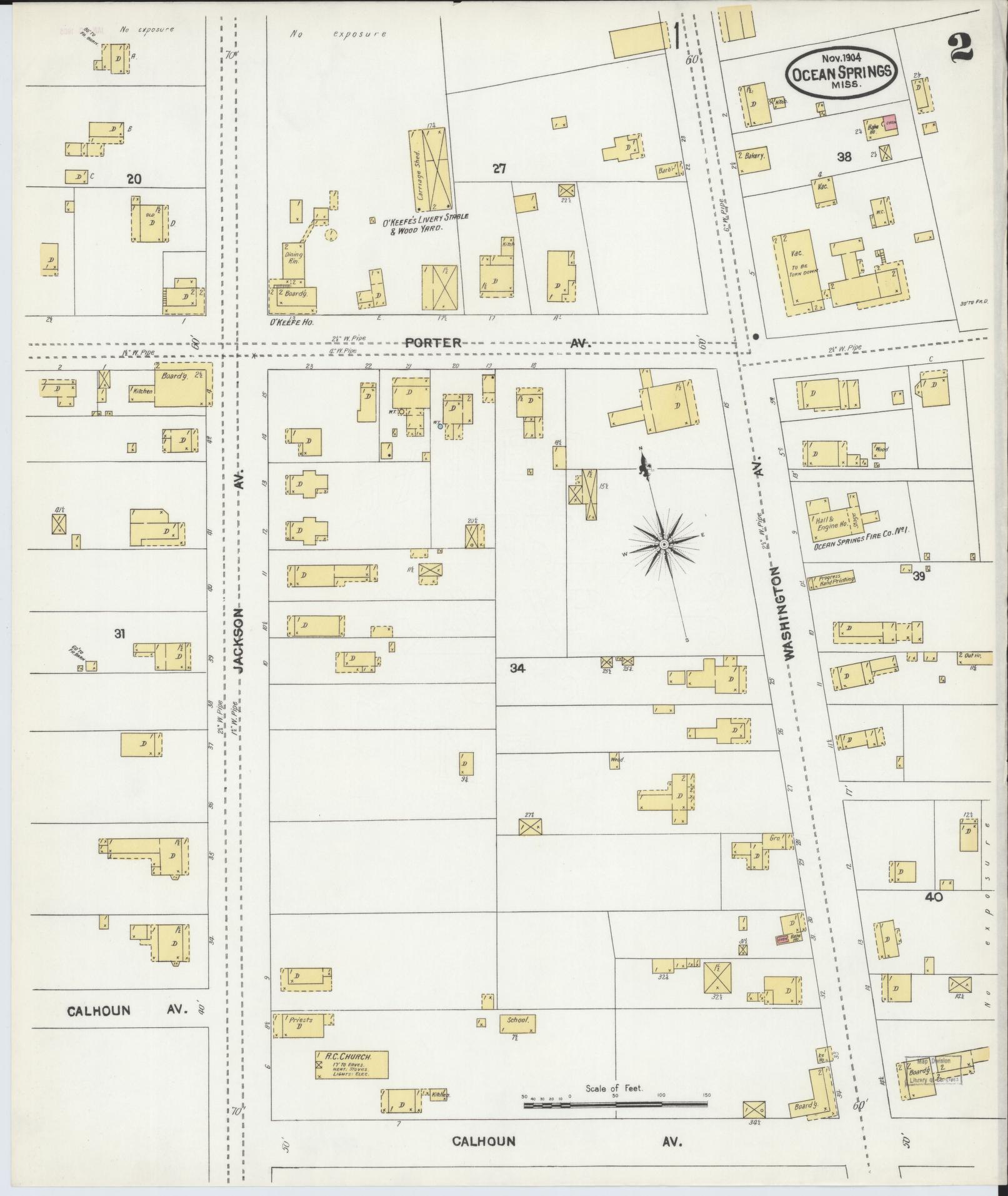 Sanborn Fire Insurance Map from Ocean Springs, Jackson County, Mississippi (1904), Sheet #0002 - Complete Map Set gallery image, historic Sanborn map, vintage wall art, Mississippi Mississippi