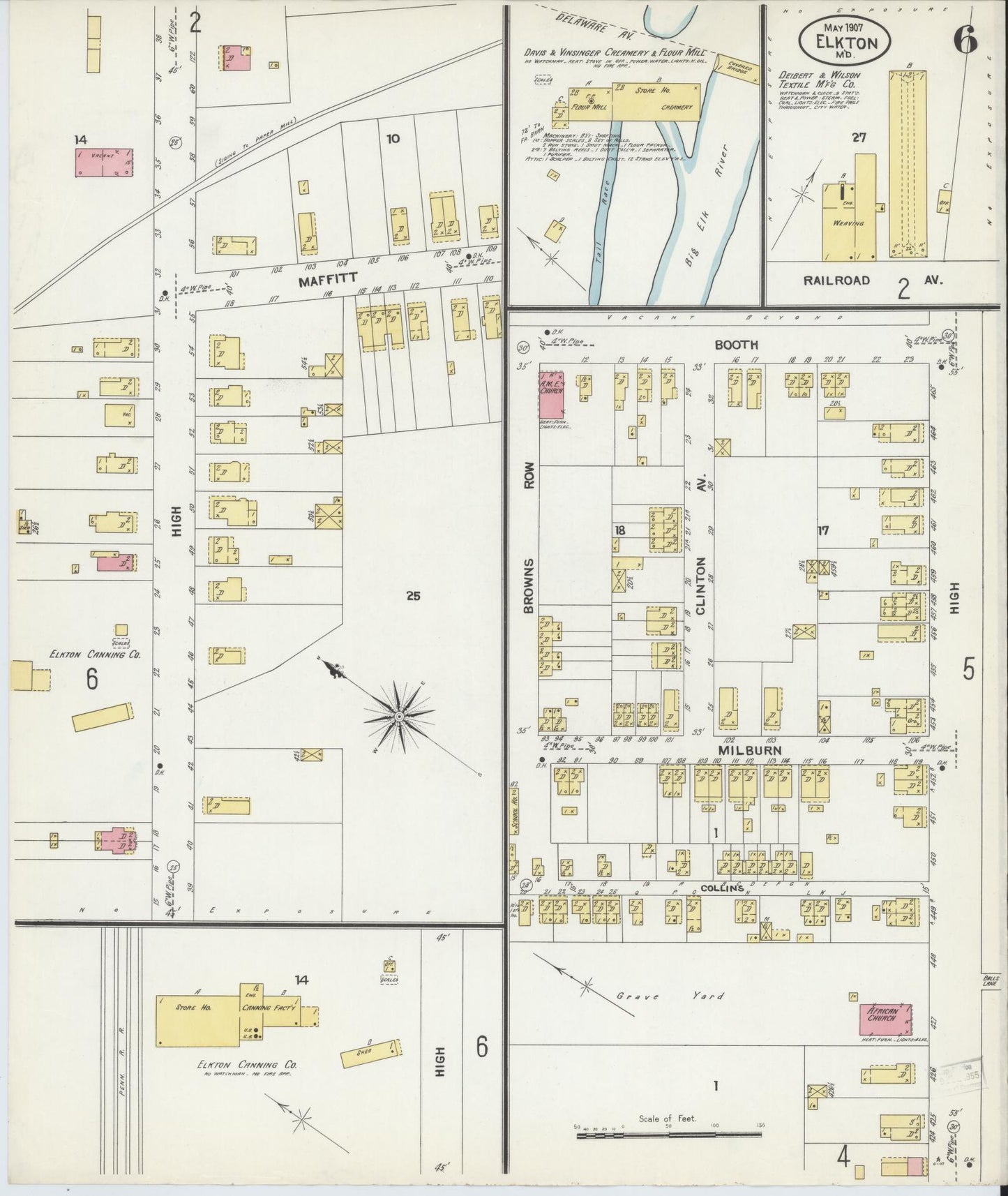 Sanborn Fire Insurance Map from Elkton, Cecil County, Maryland (1907), Sheet #0006 - Complete Map Set gallery image, historic Sanborn map, vintage wall art, Maryland Maryland