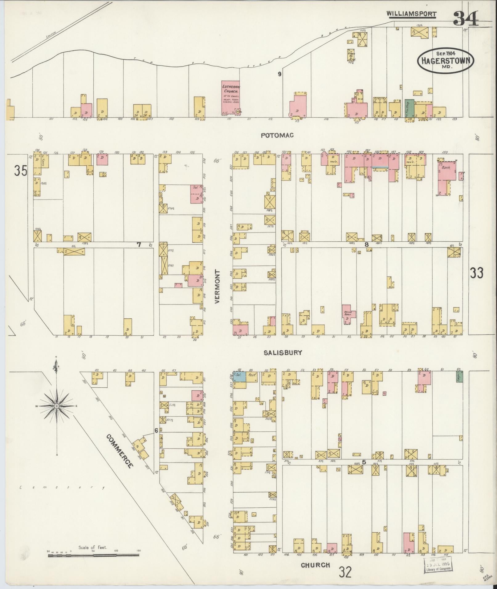 Washington, Maryland - 1904 - Sanborn Fire Insurance Map, Sheet #0034 - Historic Sanborn Fire Insurance Map Print, Washington Maryland 1904 0034 vintage old map wall art