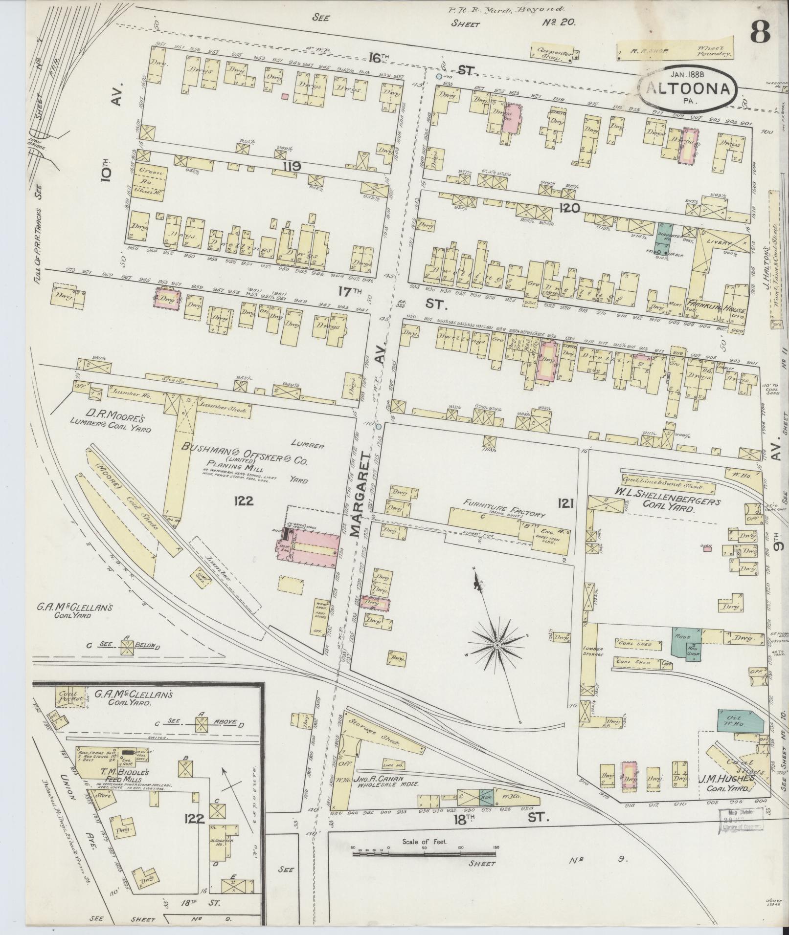 Sanborn Fire Insurance Map from Altoona, Blair County, Pennsylvania (1888), Sheet #0008 - Historic Sanborn Fire Insurance Map Print, vintage old map wall art, antique decor, genealogy gift, Pennsylvania Pennsylvania map