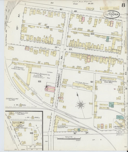 Sanborn Fire Insurance Map from Altoona, Blair County, Pennsylvania (1888), Sheet #0008 - Historic Sanborn Fire Insurance Map Print, vintage old map wall art, antique decor, genealogy gift, Pennsylvania Pennsylvania map