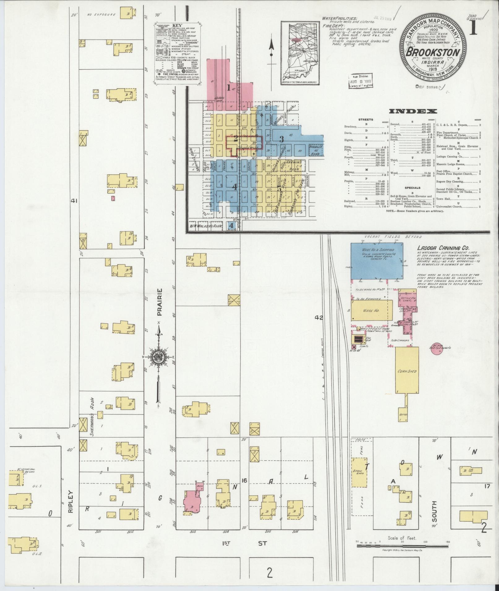 Sanborn Fire Insurance Map from Brookston, White County, Indiana (1919), Sheet #0001 - Complete Map Set gallery image, historic Sanborn map, vintage wall art, Indiana Indiana