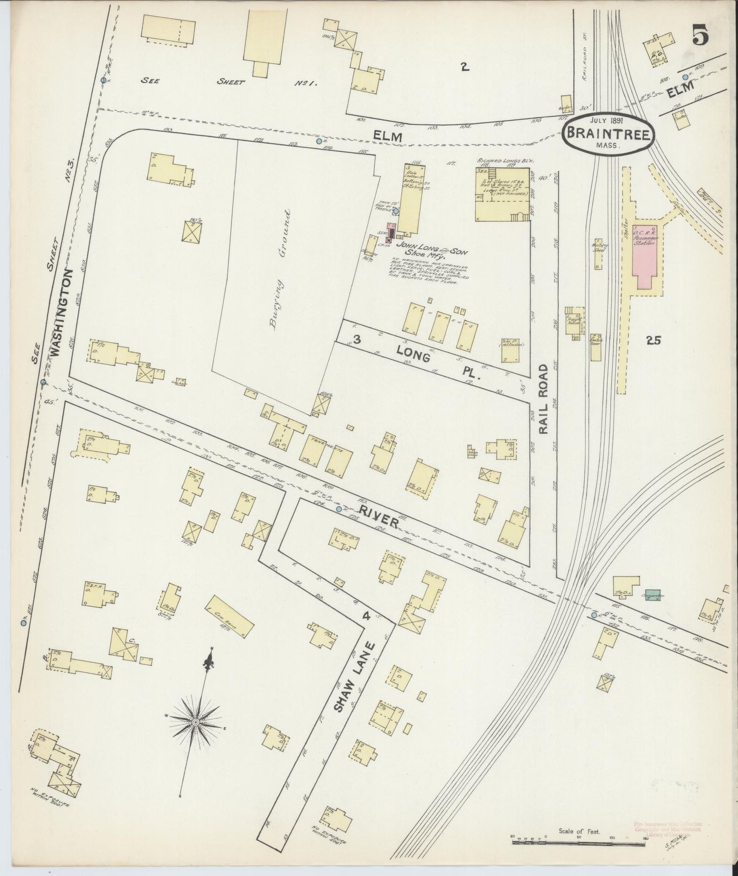 Sanborn Fire Insurance Map from Braintree, Norfolk County, Massachusetts (1891), Sheet #0005 - Complete Map Set gallery image, historic Sanborn map, vintage wall art, Massachusetts Massachusetts