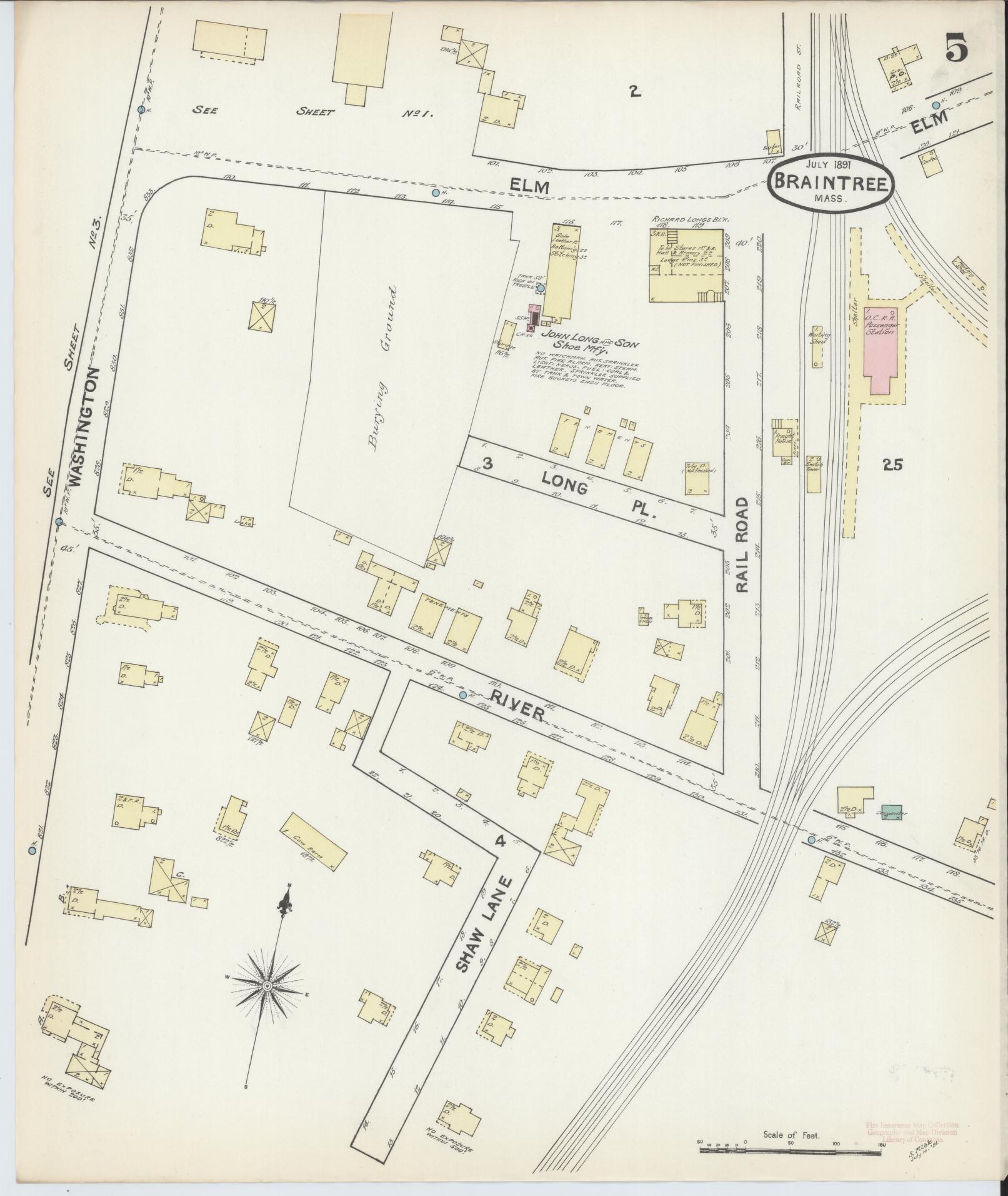 Sanborn Fire Insurance Map from Braintree, Norfolk County, Massachusetts (1891), Sheet #0005 - Complete Map Set gallery image, historic Sanborn map, vintage wall art, Massachusetts Massachusetts