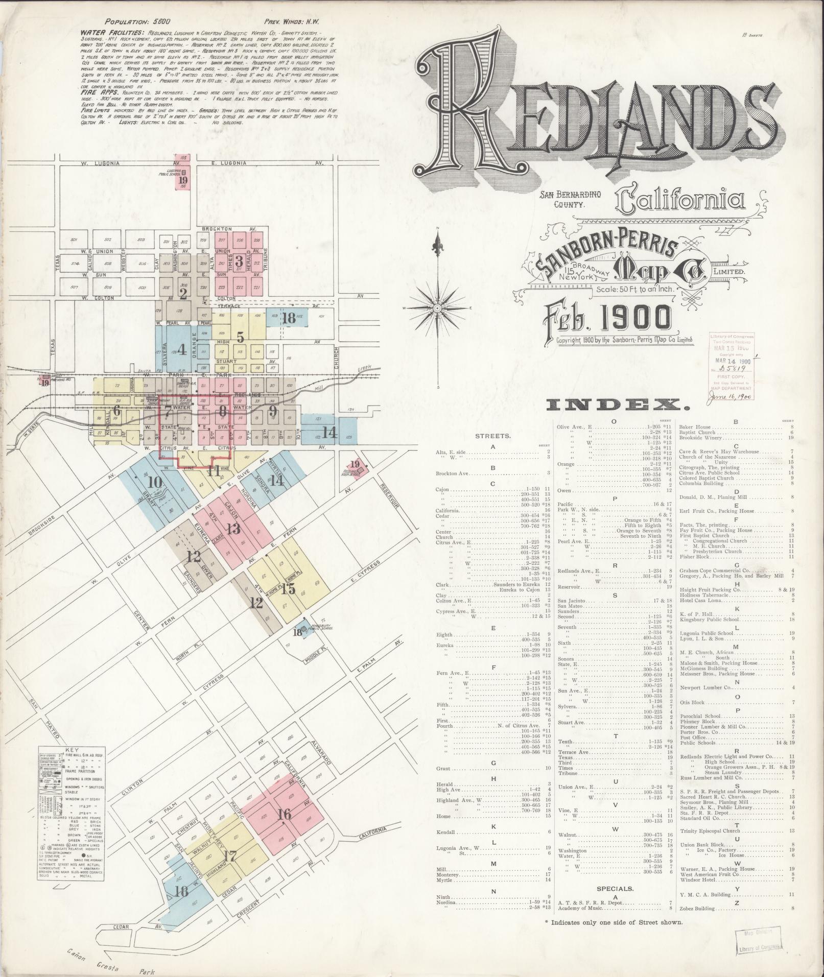 Sanborn Fire Insurance Map from Redlands, San Bernardino County, California (1900), Sheet #0001 - Complete Map Set gallery image, historic Sanborn map, vintage wall art, California California