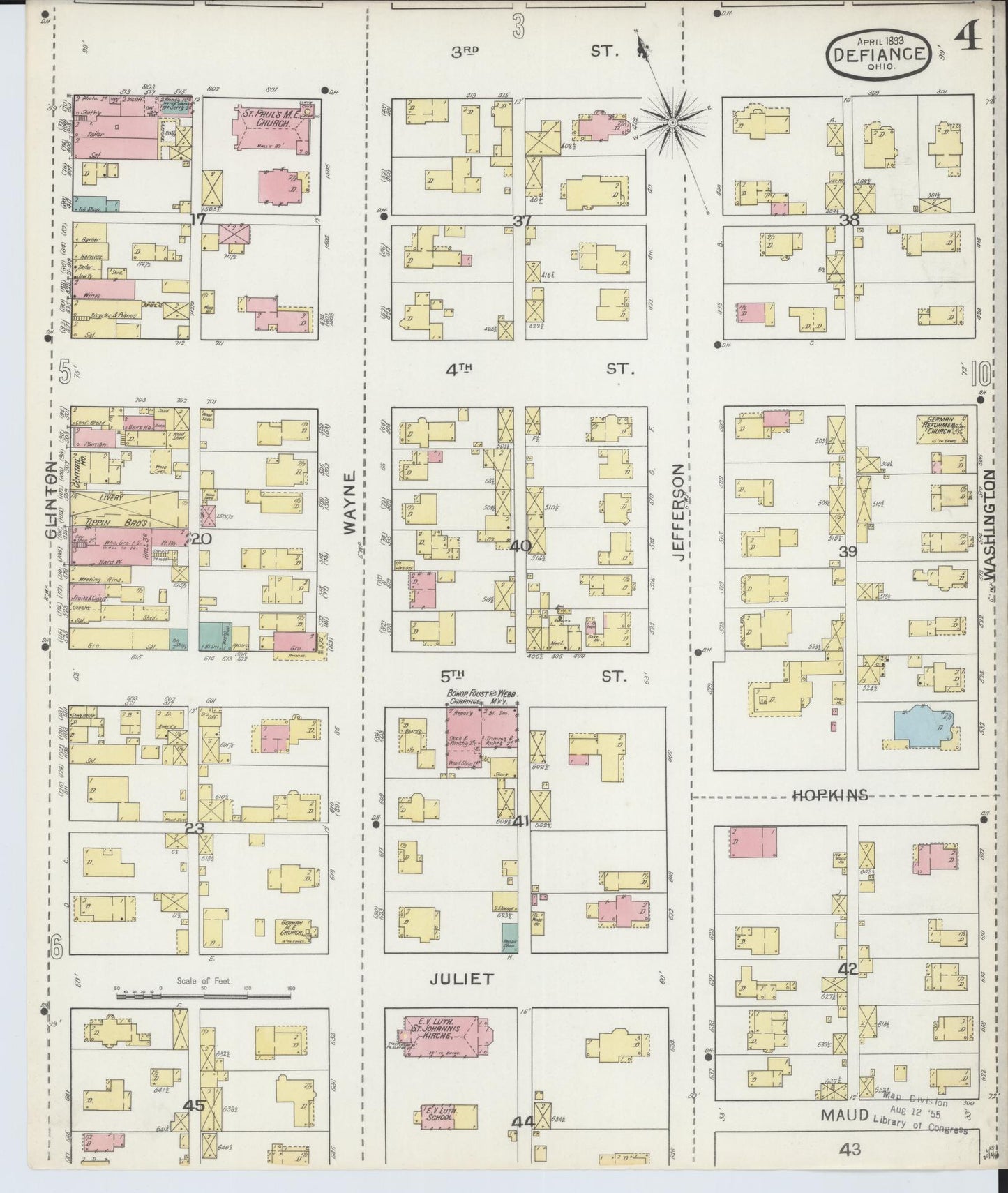 Sanborn Fire Insurance Map from Defiance, Defiance County, Ohio (1893), Sheet #0004 - Historic Sanborn Fire Insurance Map Print, vintage old map wall art, antique decor, genealogy gift, Ohio Ohio map