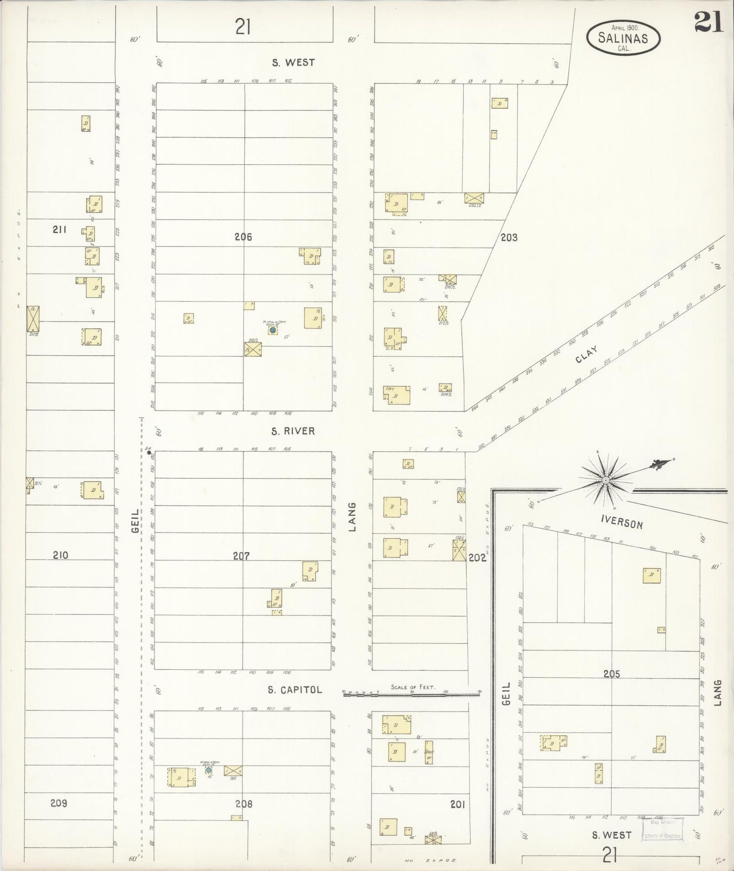 Sanborn Fire Insurance Map from Salinas, Monterey County, California (1900), Sheet #0021 - Complete Map Set gallery image, historic Sanborn map, vintage wall art, California California