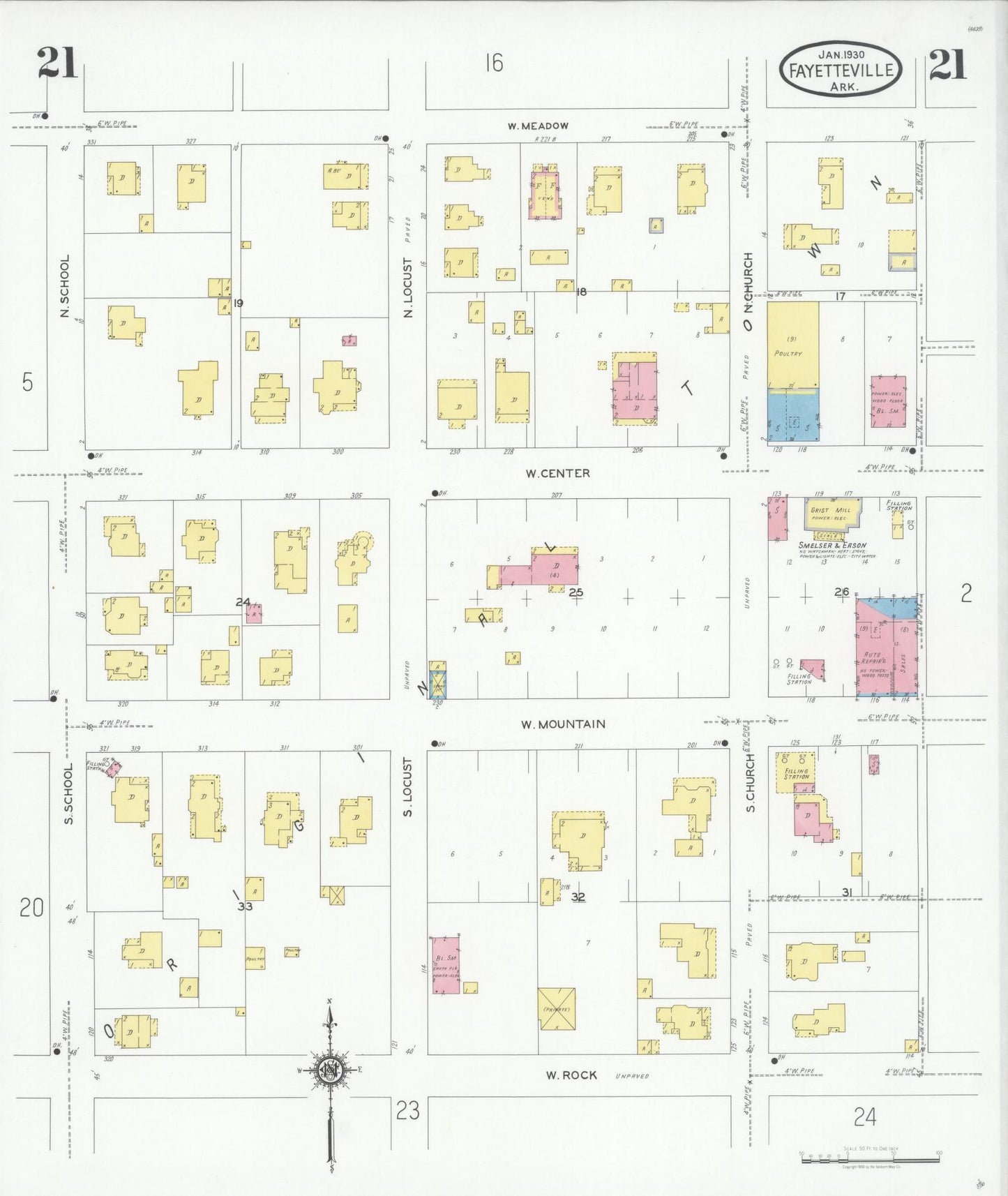 Sanborn Fire Insurance Map from Fayetteville, Washington County, Arkansas (1930), Sheet #0021 - Complete Map Set gallery image, historic Sanborn map, vintage wall art, Arkansas Arkansas