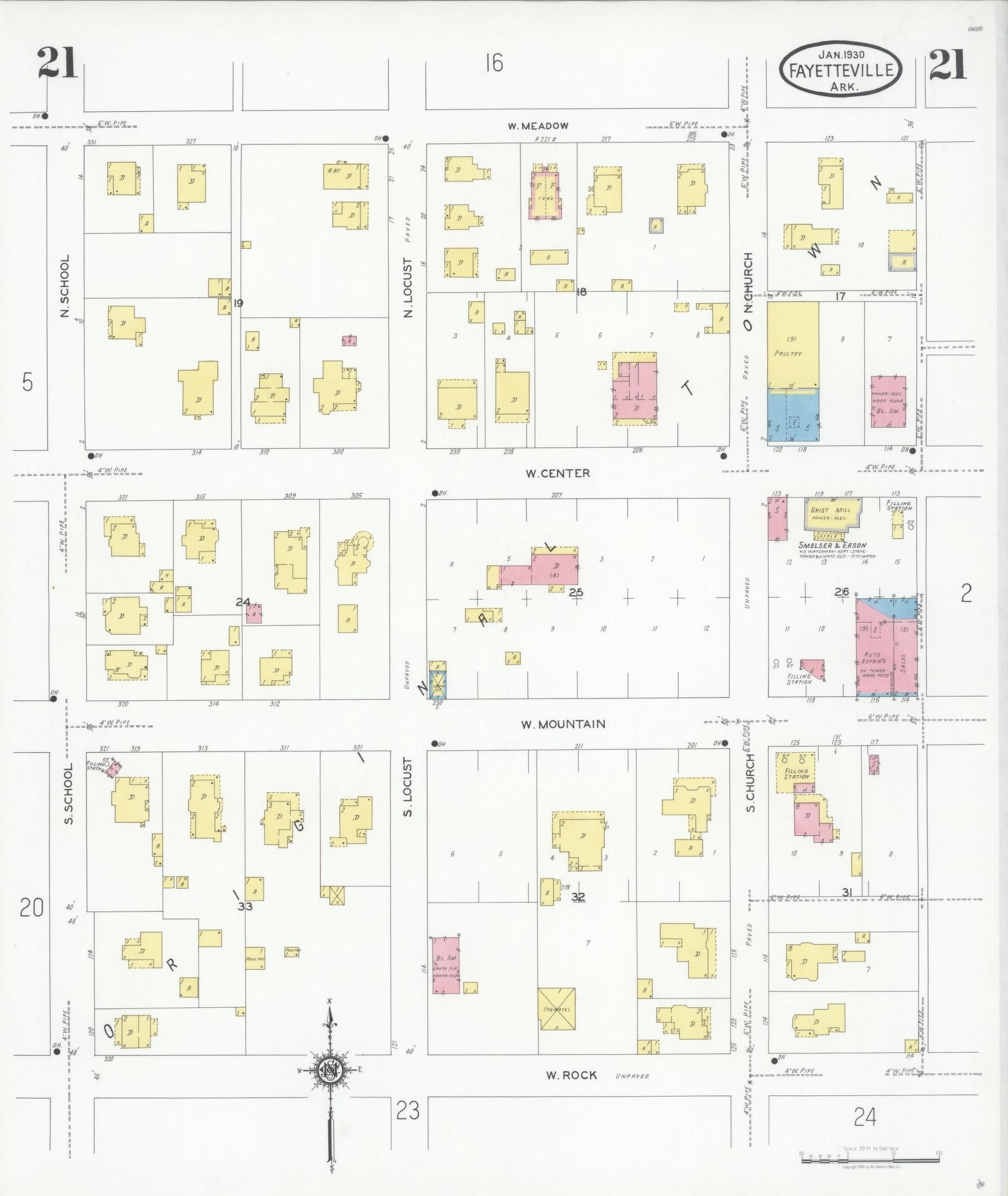Sanborn Fire Insurance Map from Fayetteville, Washington County, Arkansas (1930), Sheet #0021 - Complete Map Set gallery image, historic Sanborn map, vintage wall art, Arkansas Arkansas