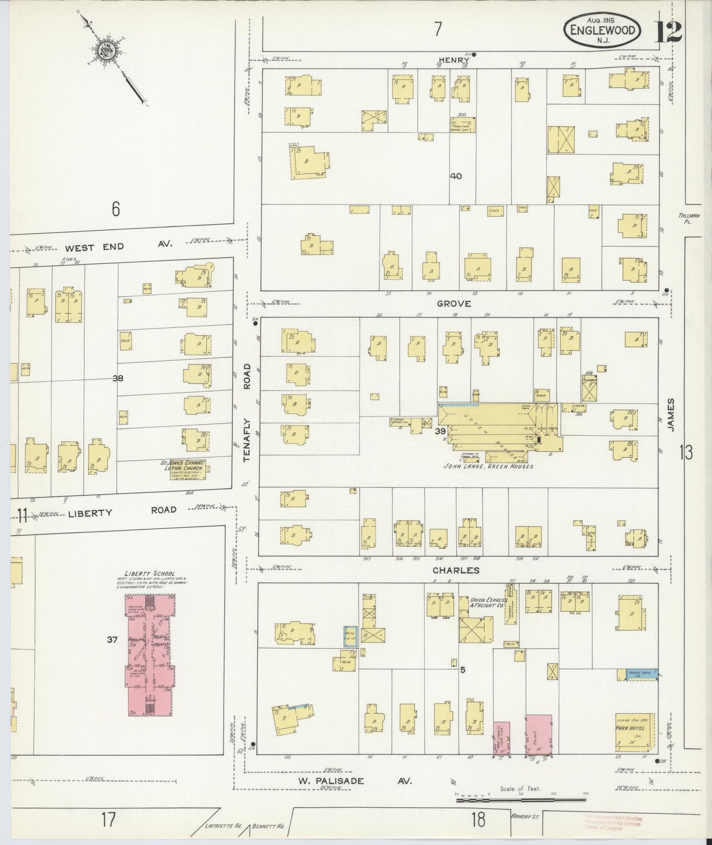 Sanborn Fire Insurance Map from Englewood, Bergen County, New Jersey (1915), Sheet #0012 - Complete Map Set gallery image, historic Sanborn map, vintage wall art, New Jersey New Jersey