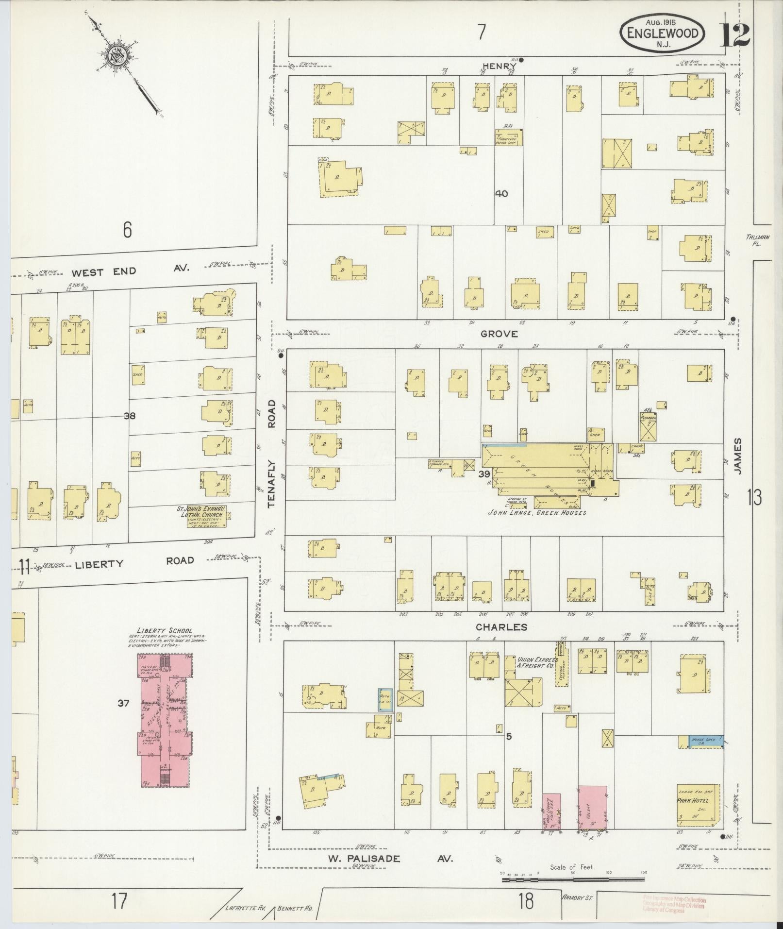 Sanborn Fire Insurance Map from Englewood, Bergen County, New Jersey (1915), Sheet #0012 - Complete Map Set gallery image, historic Sanborn map, vintage wall art, New Jersey New Jersey
