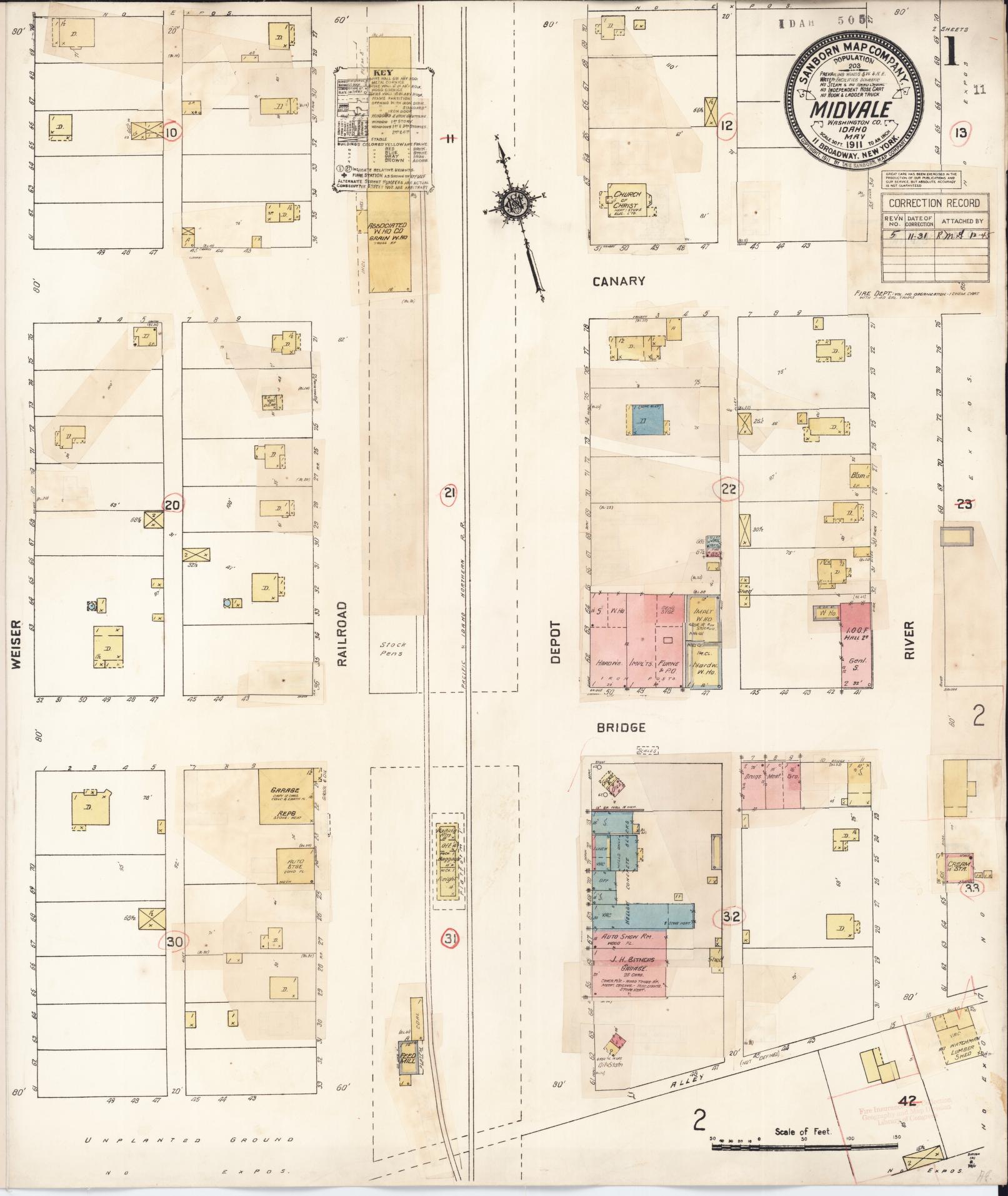 Sanborn Fire Insurance Map from Midvale, Washington County, Idaho (1931), Sheet #0001 - Historic Sanborn Fire Insurance Map Print, vintage old map wall art, antique decor, genealogy gift, Idaho Idaho map