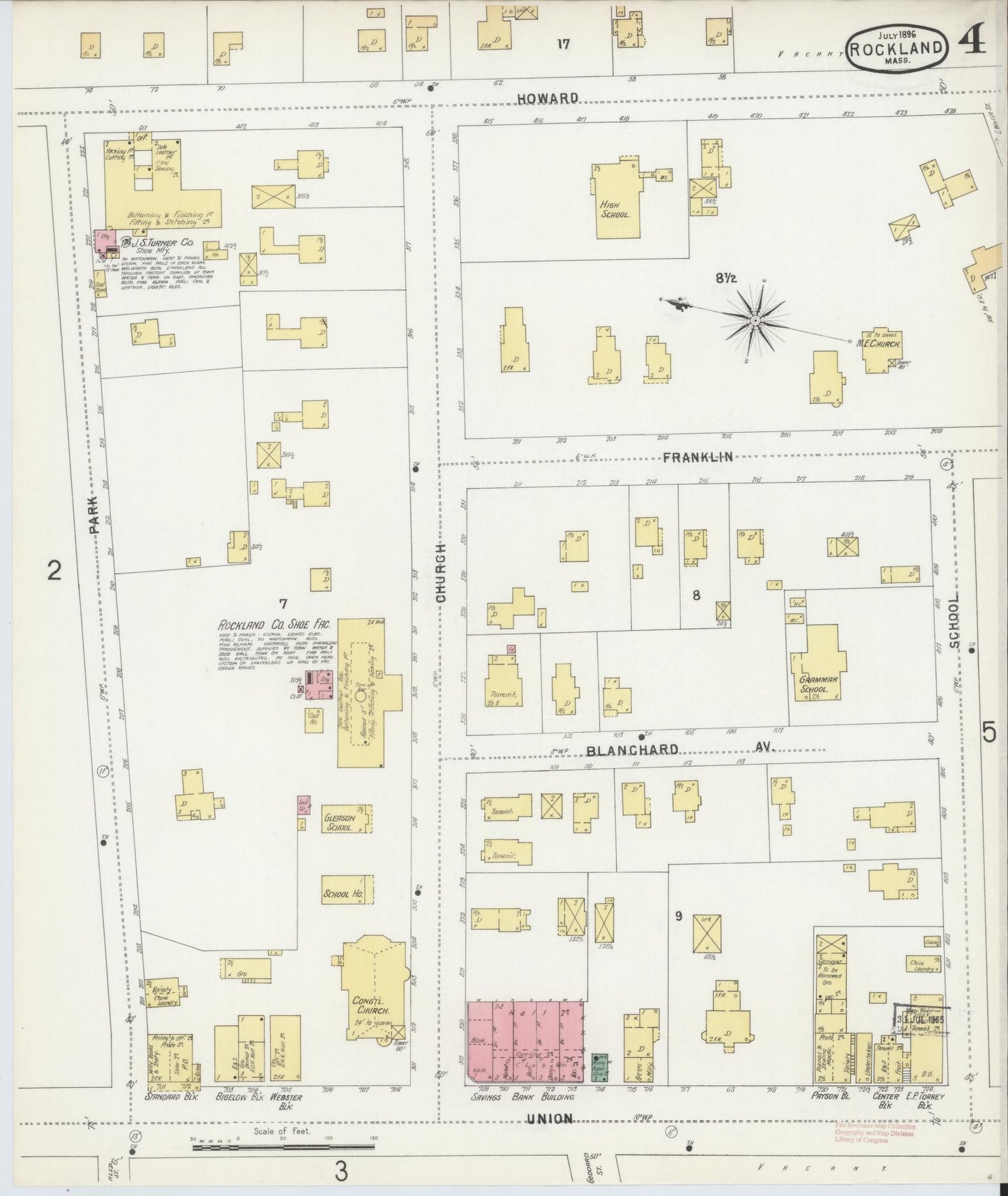 Sanborn Fire Insurance Map from Rockland, Plymouth County, Massachusetts (1896), Sheet #0004 - Complete Map Set gallery image, historic Sanborn map, vintage wall art, Massachusetts Massachusetts
