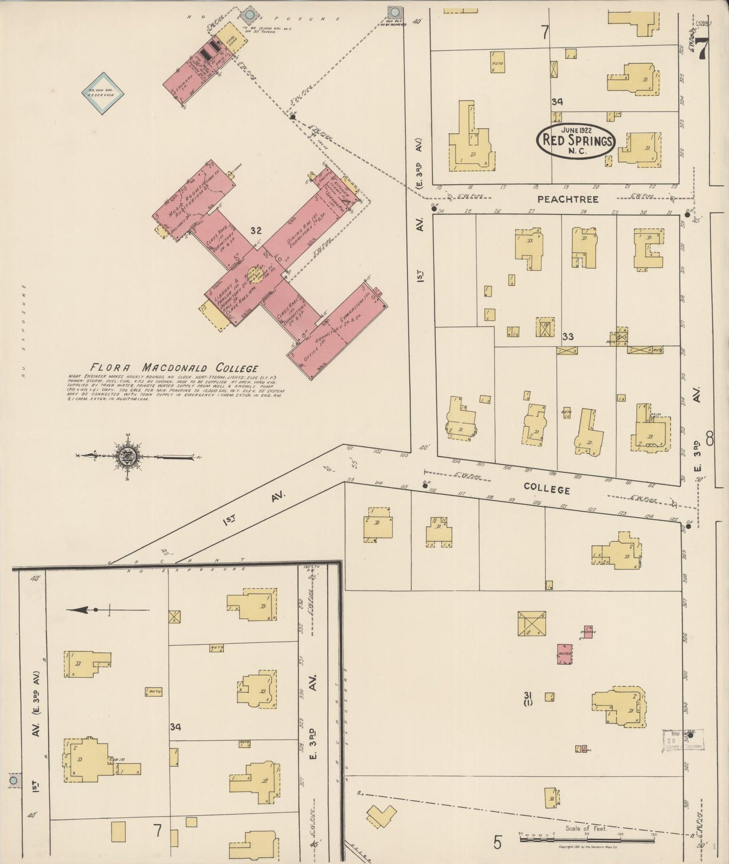 Sanborn Fire Insurance Map from Red Springs, Robeson County, North Carolina (1922), Sheet #0007 - Historic Sanborn Fire Insurance Map Print, vintage old map wall art, antique decor, genealogy gift, North Carolina North Carolina map