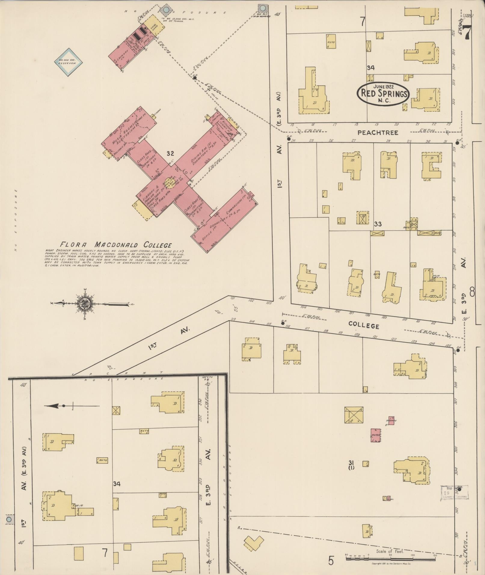 Sanborn Fire Insurance Map from Red Springs, Robeson County, North Carolina (1922), Sheet #0007 - Historic Sanborn Fire Insurance Map Print, vintage old map wall art, antique decor, genealogy gift, North Carolina North Carolina map