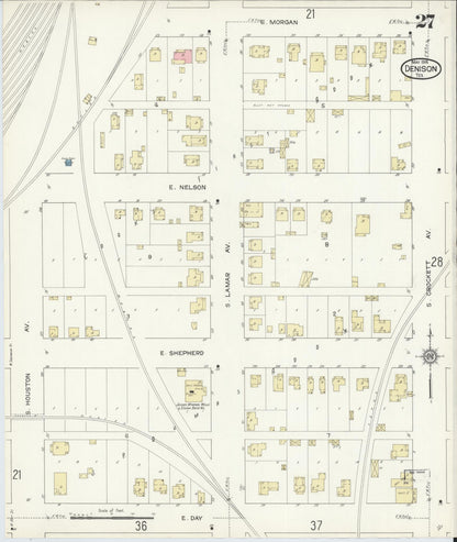 Sanborn Fire Insurance Map from Denison, Grayson County, Texas (1914), Sheet #0027 - Historic Sanborn Fire Insurance Map Print, vintage old map wall art, antique decor, genealogy gift, Texas Texas map