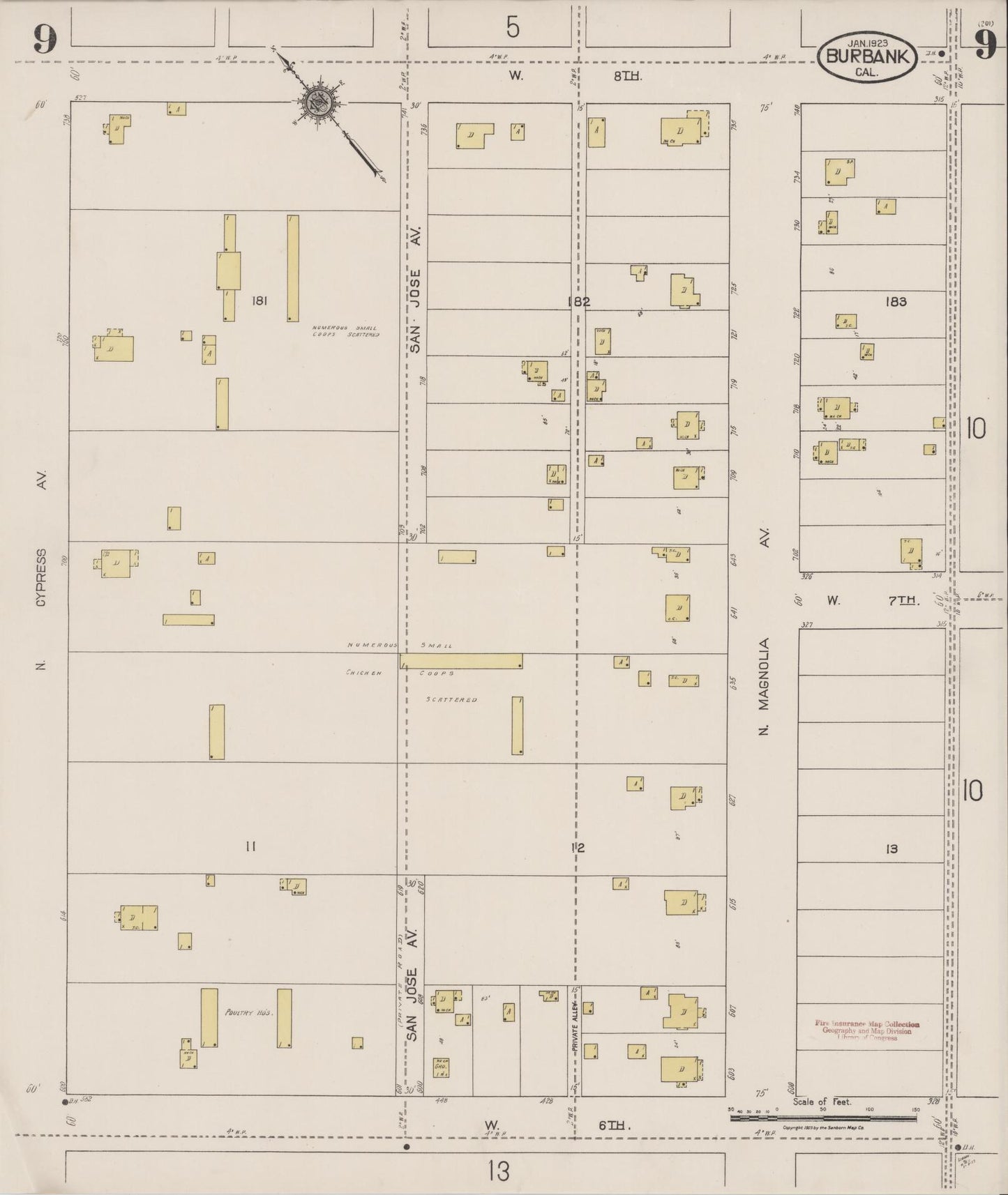 Sanborn Fire Insurance Map from Burbank, Los Angeles County, California (1923), Sheet #0009 - Complete Map Set gallery image, historic Sanborn map, vintage wall art, California California