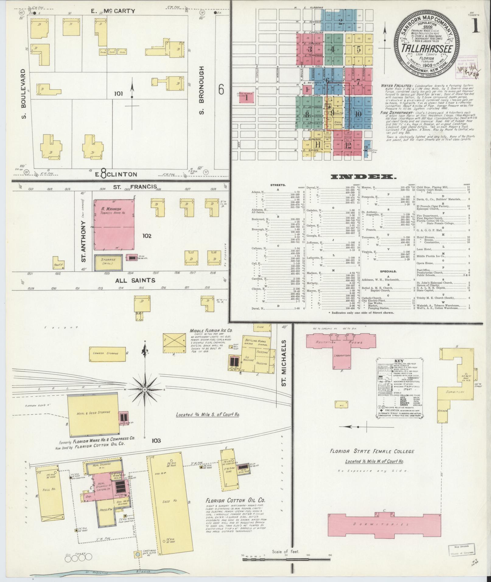 Sanborn Fire Insurance Map from Tallahassee, Leon County, Florida (1909), Sheet #0001 - Historic Sanborn Fire Insurance Map Print, vintage old map wall art, antique decor, genealogy gift, Florida Florida map