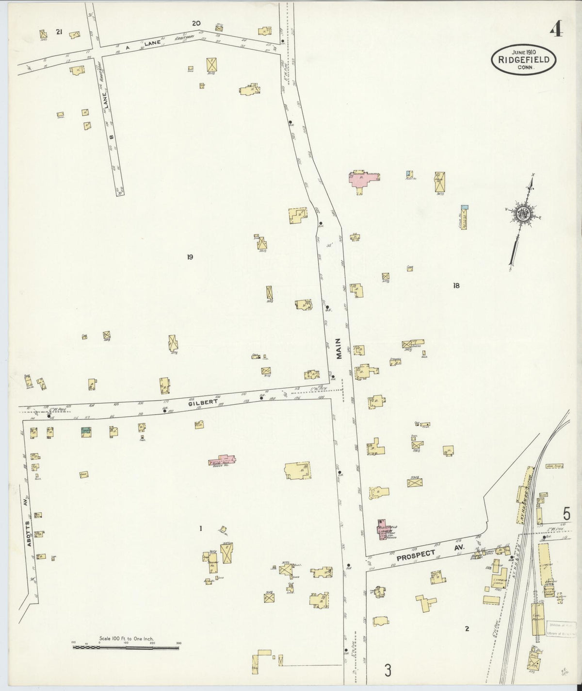 Sanborn Fire Insurance Map from Ridgefield, Fairfield County, Connecticut (1910), Sheet #0004 - Historic Sanborn Fire Insurance Map Print, vintage old map wall art, antique decor, genealogy gift, Connecticut Connecticut map
