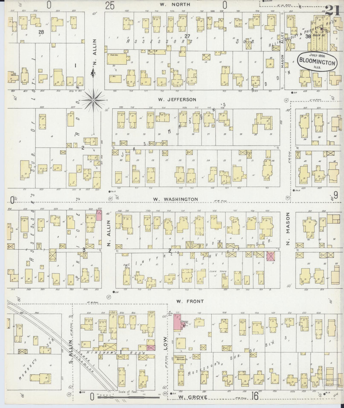Sanborn Fire Insurance Map from Bloomington, McLean County, Illinois (1896), Sheet #0021 - Complete Map Set gallery image, historic Sanborn map, vintage wall art, Illinois Illinois