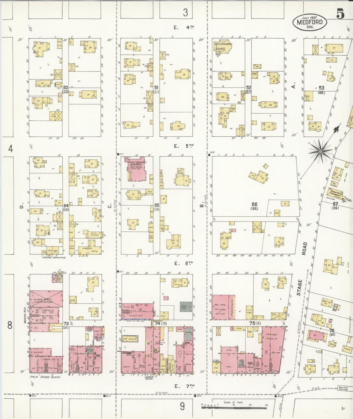 Sanborn Fire Insurance Map from Medford, Jackson County, Oregon (1907), Sheet #0005 - Historic Sanborn Fire Insurance Map Print, vintage old map wall art, antique decor, genealogy gift, Oregon Oregon map