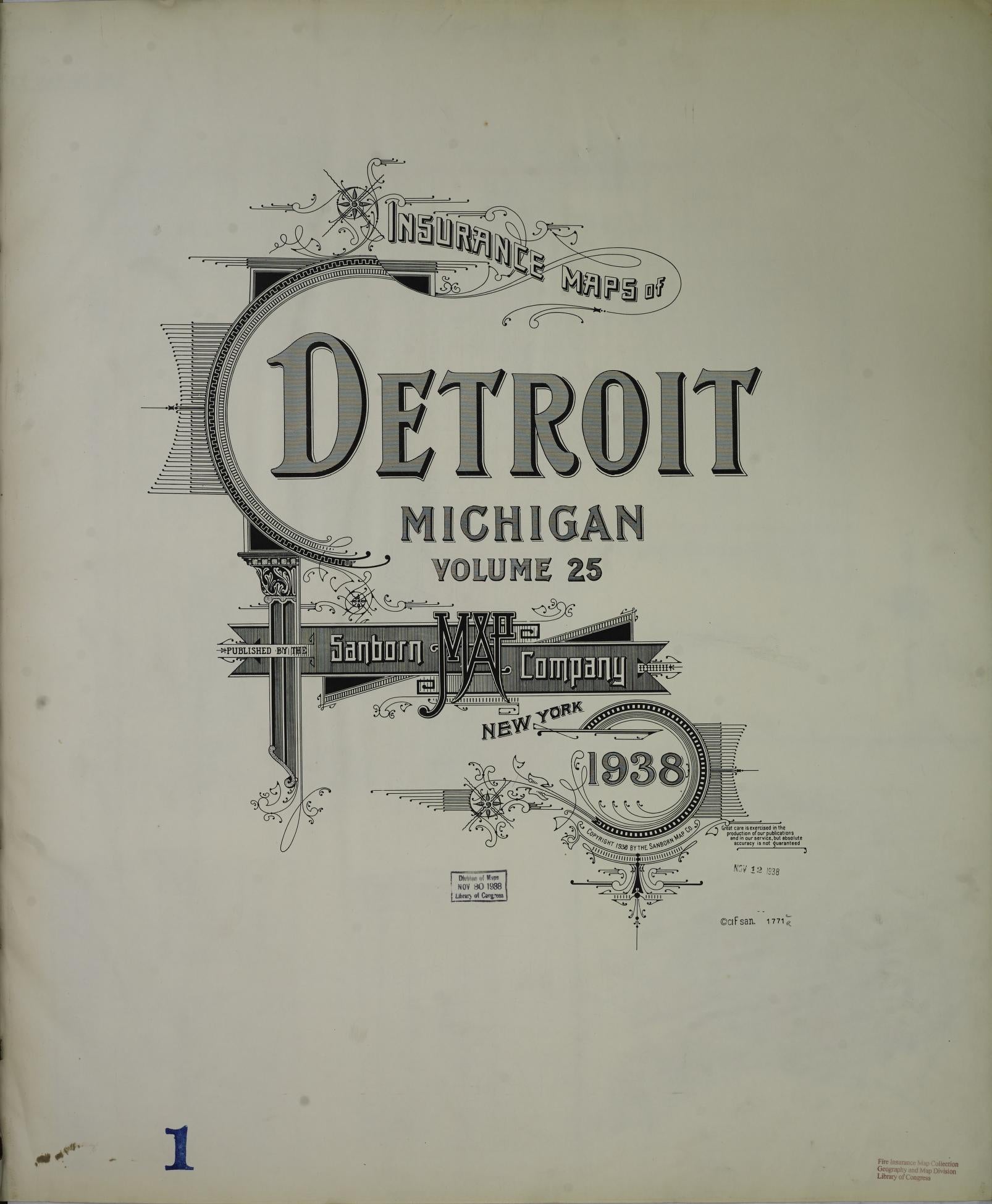 Sanborn Fire Insurance Map from Detroit, Wayne County, Michigan (1938), Sheet #0001 - Historic Sanborn Fire Insurance Map Print, vintage old map wall art, antique decor, genealogy gift, Michigan Michigan map
