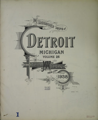 Sanborn Fire Insurance Map from Detroit, Wayne County, Michigan (1938), Sheet #0001 - Historic Sanborn Fire Insurance Map Print, vintage old map wall art, antique decor, genealogy gift, Michigan Michigan map