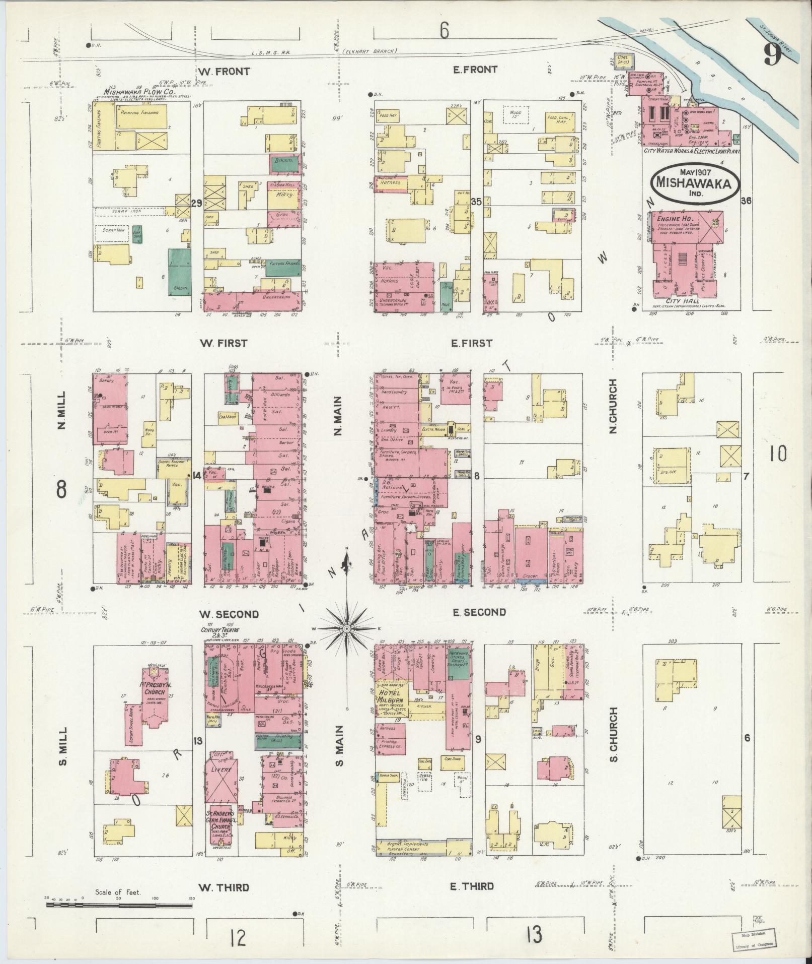 Sanborn Fire Insurance Map from Mishawaka, Saint Joseph County, Indiana (1907), Sheet #0009 - Complete Map Set gallery image, historic Sanborn map, vintage wall art, Indiana Indiana