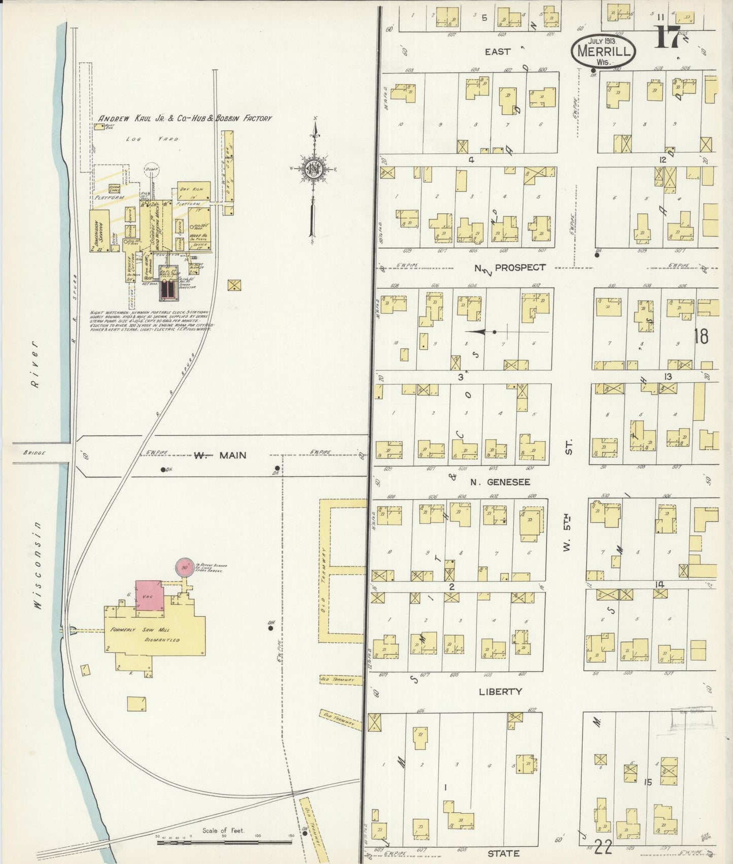 Sanborn Fire Insurance Map from Merrill, Lincoln County, Wisconsin (1913), Sheet #0017 - Historic Sanborn Fire Insurance Map Print, vintage old map wall art, antique decor, genealogy gift, Wisconsin Wisconsin map
