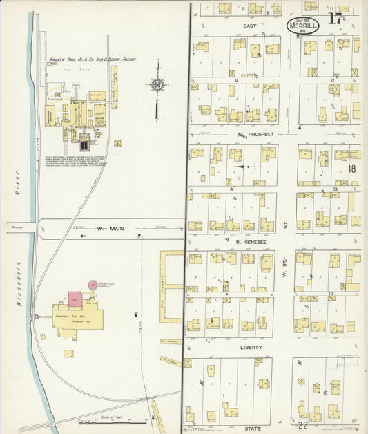 Sanborn Fire Insurance Map from Merrill, Lincoln County, Wisconsin (1913), Sheet #0017 - Historic Sanborn Fire Insurance Map Print, vintage old map wall art, antique decor, genealogy gift, Wisconsin Wisconsin map