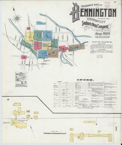 Sanborn Fire Insurance Map from Bennington, Bennington County, Vermont (1906), Sheet #0001 - Complete Map Set gallery image, historic Sanborn map, vintage wall art, Vermont Vermont