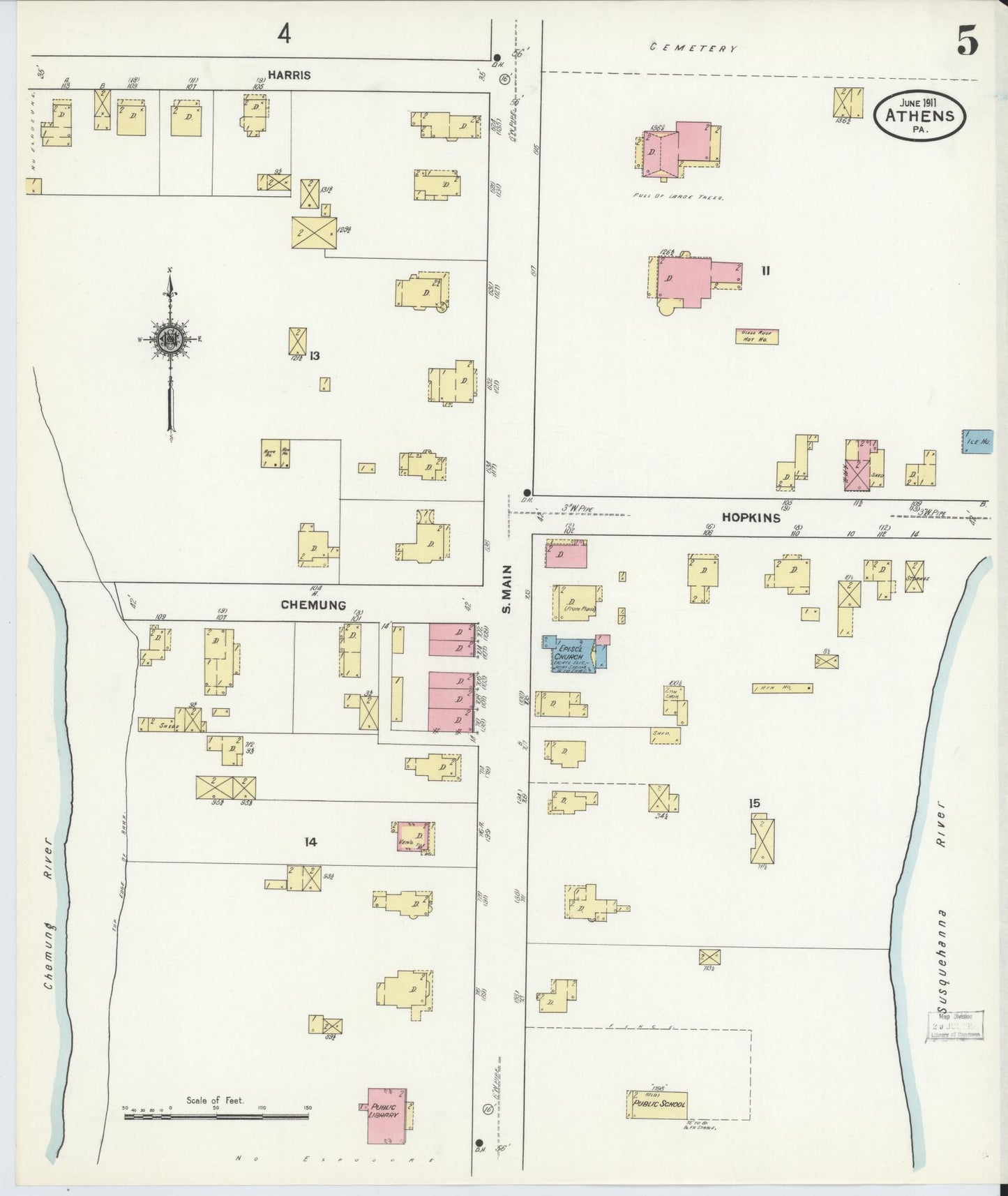 Sanborn Fire Insurance Map from Athens, Bradford County, Pennsylvania (1911), Sheet #0005 - Historic Sanborn Fire Insurance Map Print, vintage old map wall art, antique decor, genealogy gift, Pennsylvania Pennsylvania map