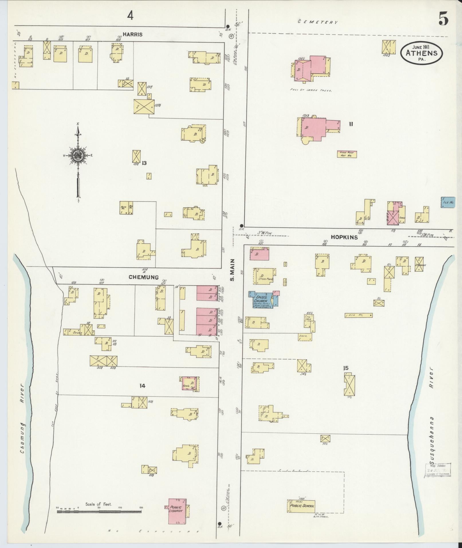 Sanborn Fire Insurance Map from Athens, Bradford County, Pennsylvania (1911), Sheet #0005 - Historic Sanborn Fire Insurance Map Print, vintage old map wall art, antique decor, genealogy gift, Pennsylvania Pennsylvania map