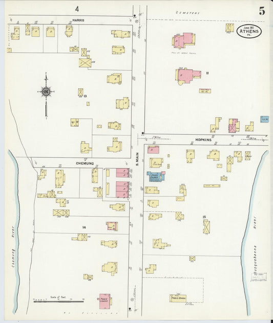 Sanborn Fire Insurance Map from Athens, Bradford County, Pennsylvania (1911), Sheet #0005 - Historic Sanborn Fire Insurance Map Print, vintage old map wall art, antique decor, genealogy gift, Pennsylvania Pennsylvania map