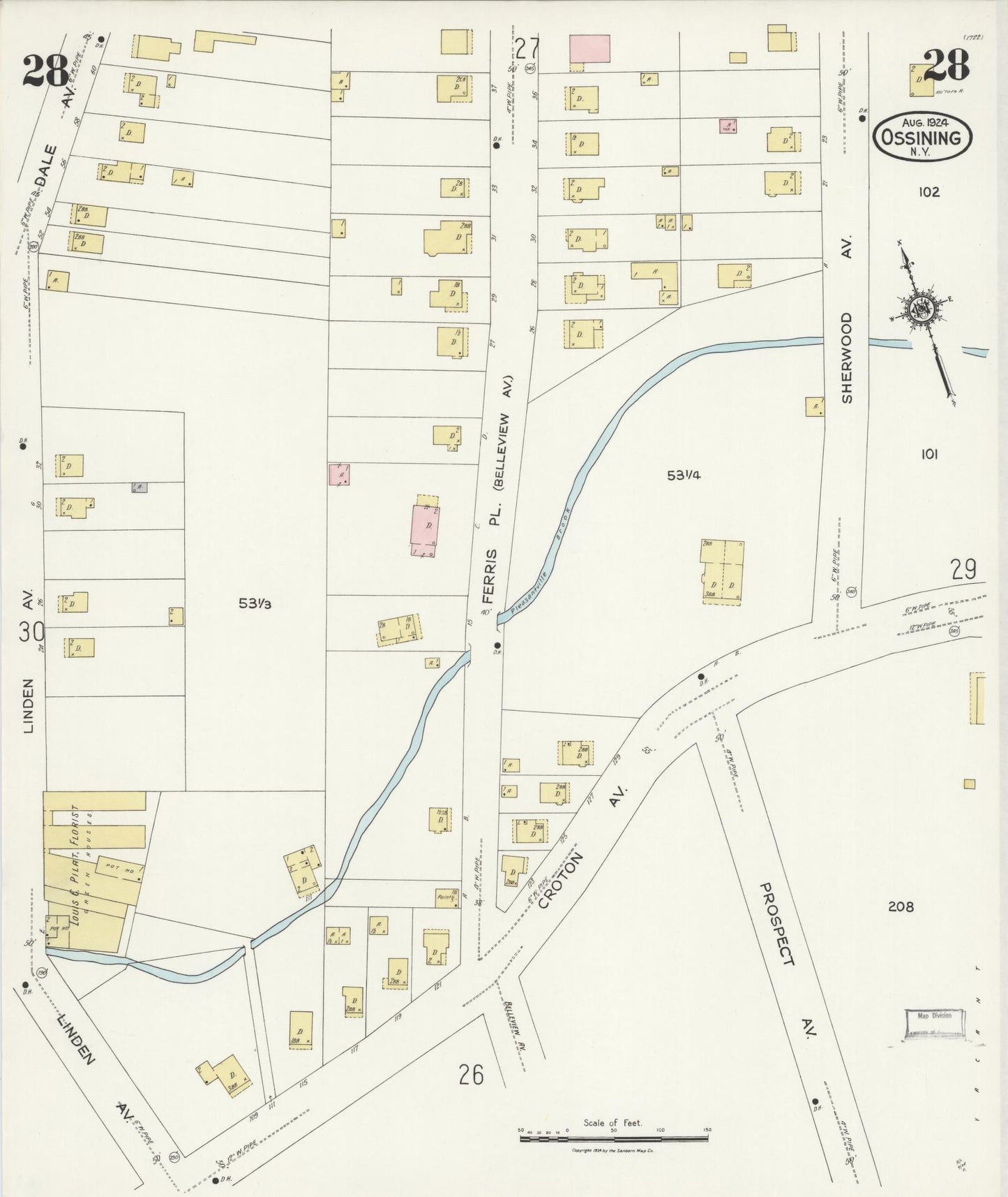 Sanborn Fire Insurance Map from Ossining, Westchester County, New York (1924), Sheet #0028 - Historic Sanborn Fire Insurance Map Print, vintage old map wall art, antique decor, genealogy gift, New York New York map