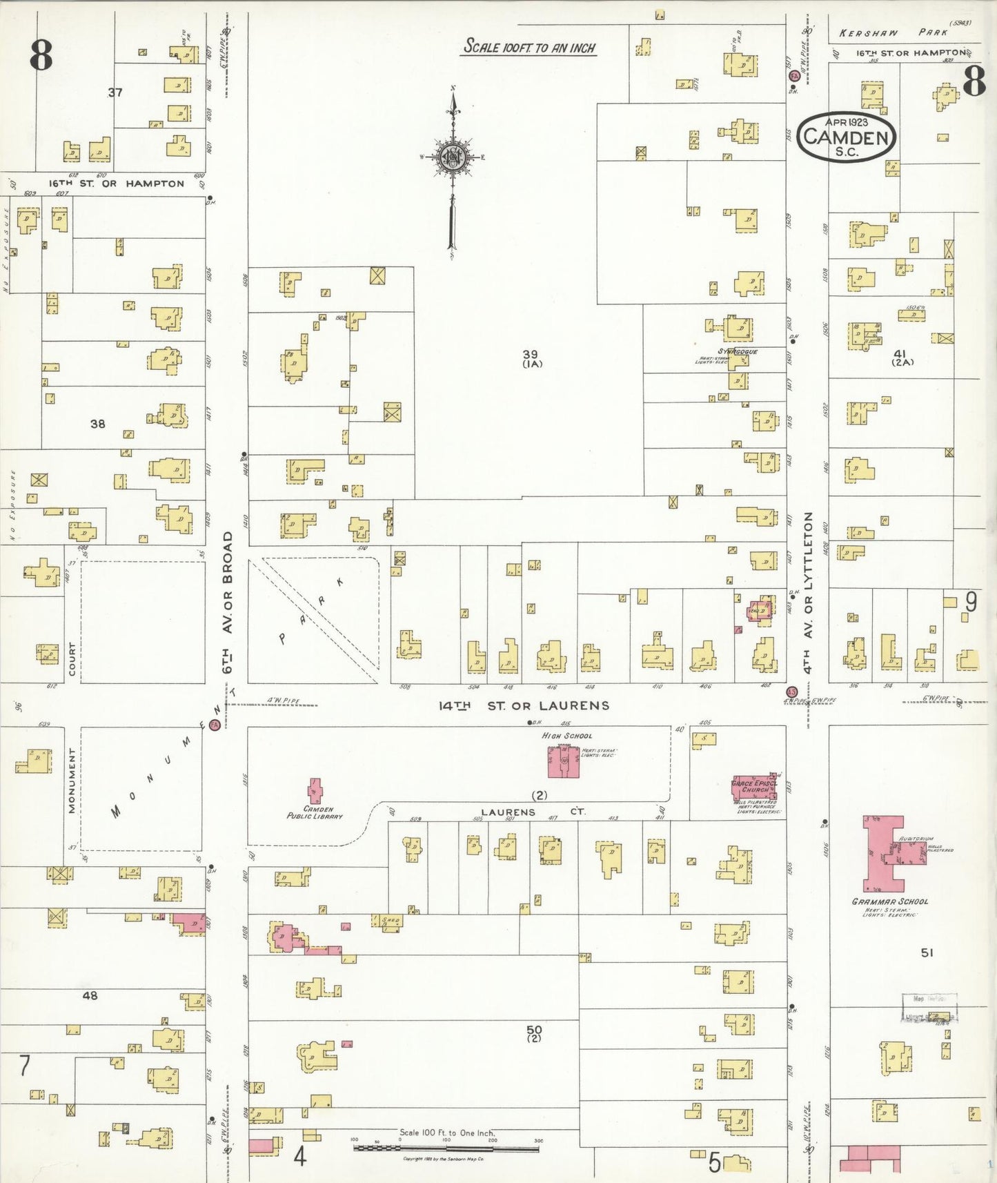 Sanborn Fire Insurance Map from Camden, Kershaw County, South Carolina (1923), Sheet #0008 - Complete Map Set gallery image, historic Sanborn map, vintage wall art, South Carolina South Carolina