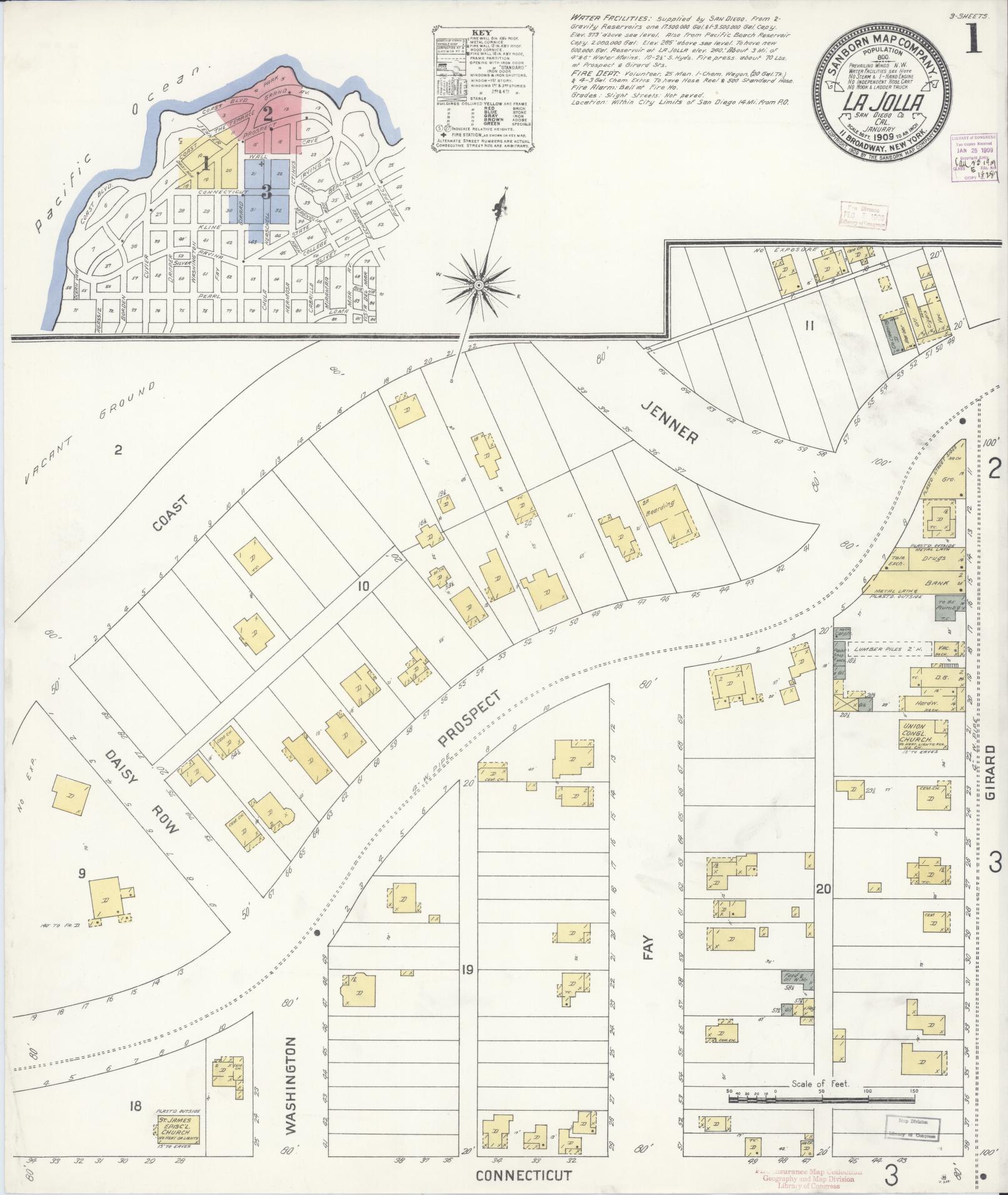Sanborn Fire Insurance Map from La Jolla, San Diego County, California (1909), Sheet #0001 - Historic Sanborn Fire Insurance Map Print, vintage old map wall art, antique decor, genealogy gift, California California map