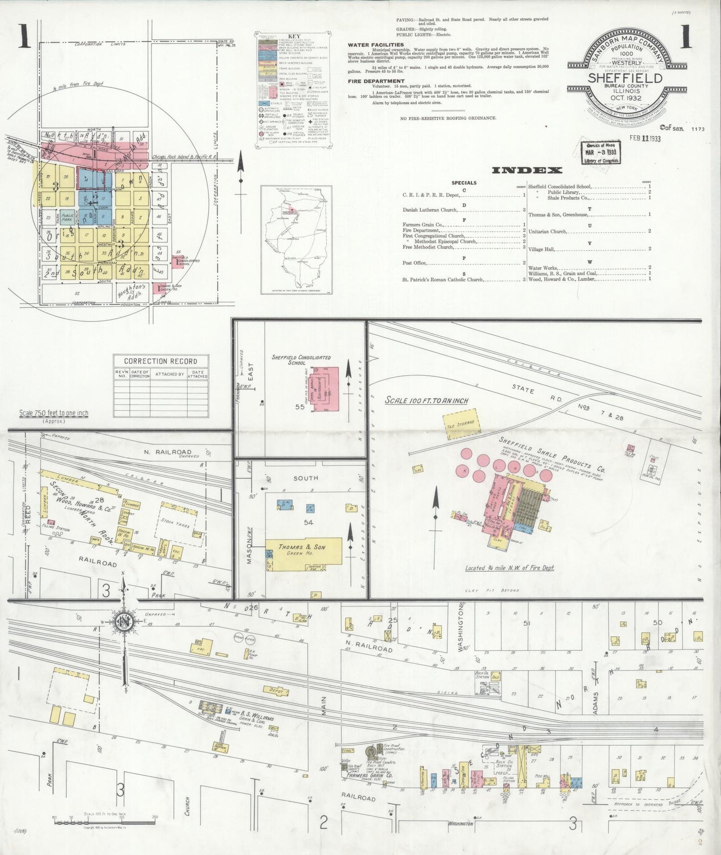 Sanborn Fire Insurance Map from Sheffield, Bureau County, Illinois (1932), Sheet #0001 - Historic Sanborn Fire Insurance Map Print, vintage old map wall art, antique decor, genealogy gift, Illinois Illinois map