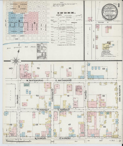 Sanborn Fire Insurance Map from Laredo, Webb County, Texas (1889), Sheet #0001 - Historic Sanborn Fire Insurance Map Print, vintage old map wall art, antique decor, genealogy gift, Texas Texas map