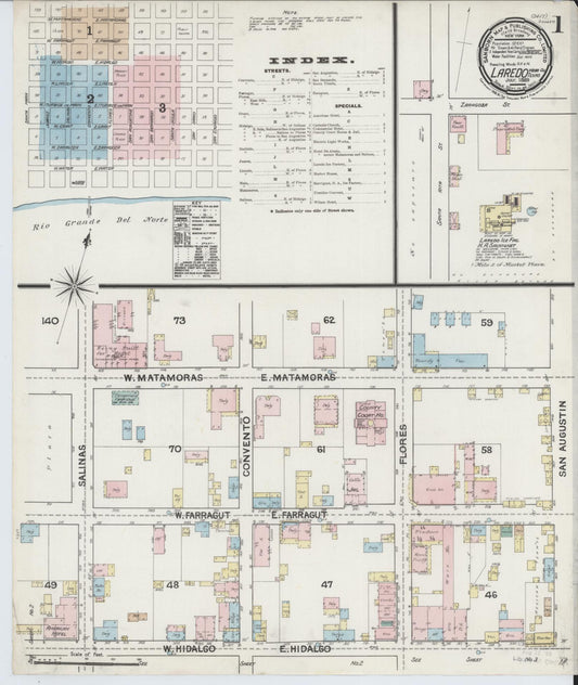 Sanborn Fire Insurance Map from Laredo, Webb County, Texas (1889), Sheet #0001 - Historic Sanborn Fire Insurance Map Print, vintage old map wall art, antique decor, genealogy gift, Texas Texas map