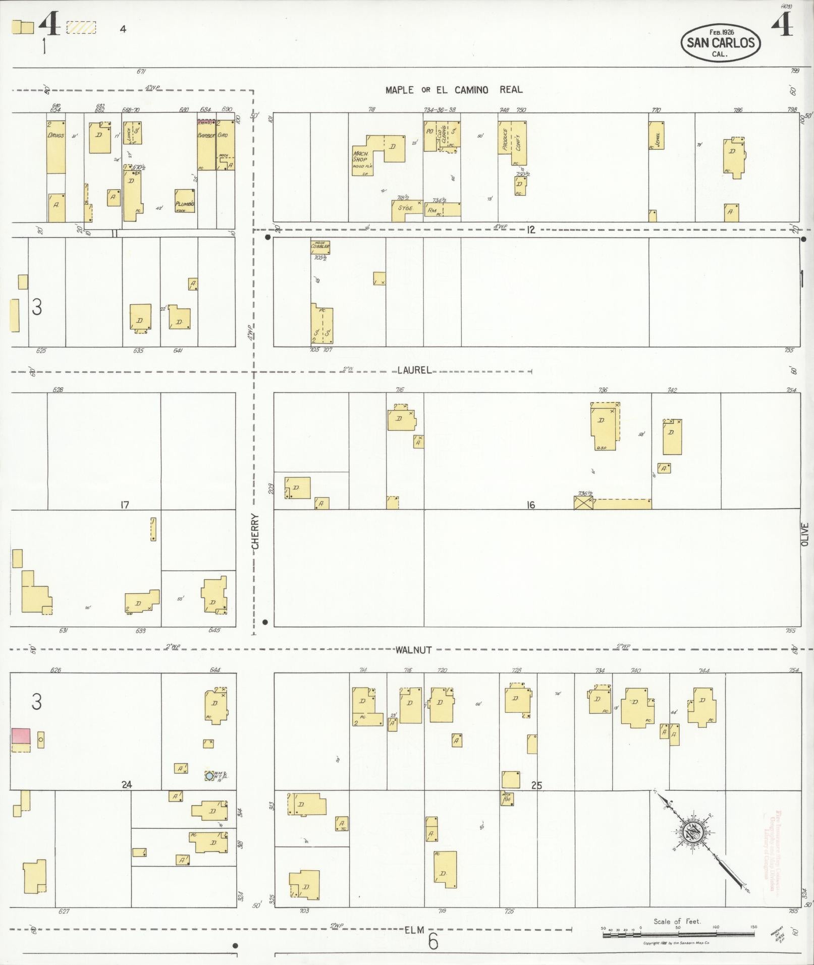 Sanborn Fire Insurance Map from San Carlos, San Mateo County, California (1926), Sheet #0004 - Complete Map Set gallery image, historic Sanborn map, vintage wall art, California California