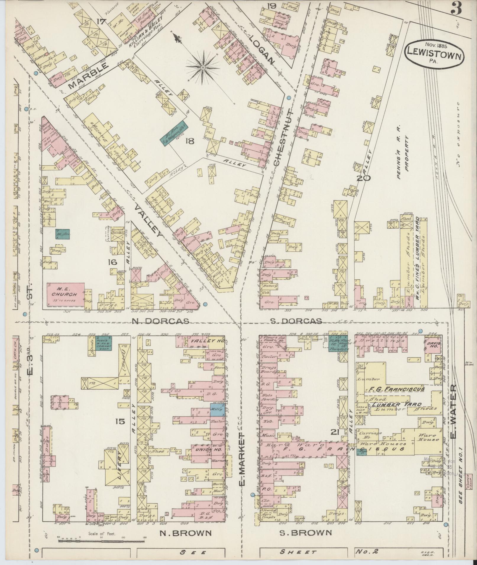 Sanborn Fire Insurance Map from Lewistown, Mifflin County, Pennsylvania (1885), Sheet #0003 - Historic Sanborn Fire Insurance Map Print, vintage old map wall art, antique decor, genealogy gift, Pennsylvania Pennsylvania map