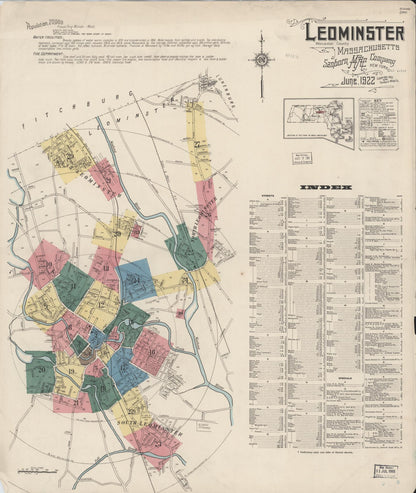 Sanborn Fire Insurance Map from Leominster, Worcester County, Massachusetts (1922), Sheet #0001 - Historic Sanborn Fire Insurance Map Print, vintage old map wall art, antique decor, genealogy gift, Massachusetts Massachusetts map