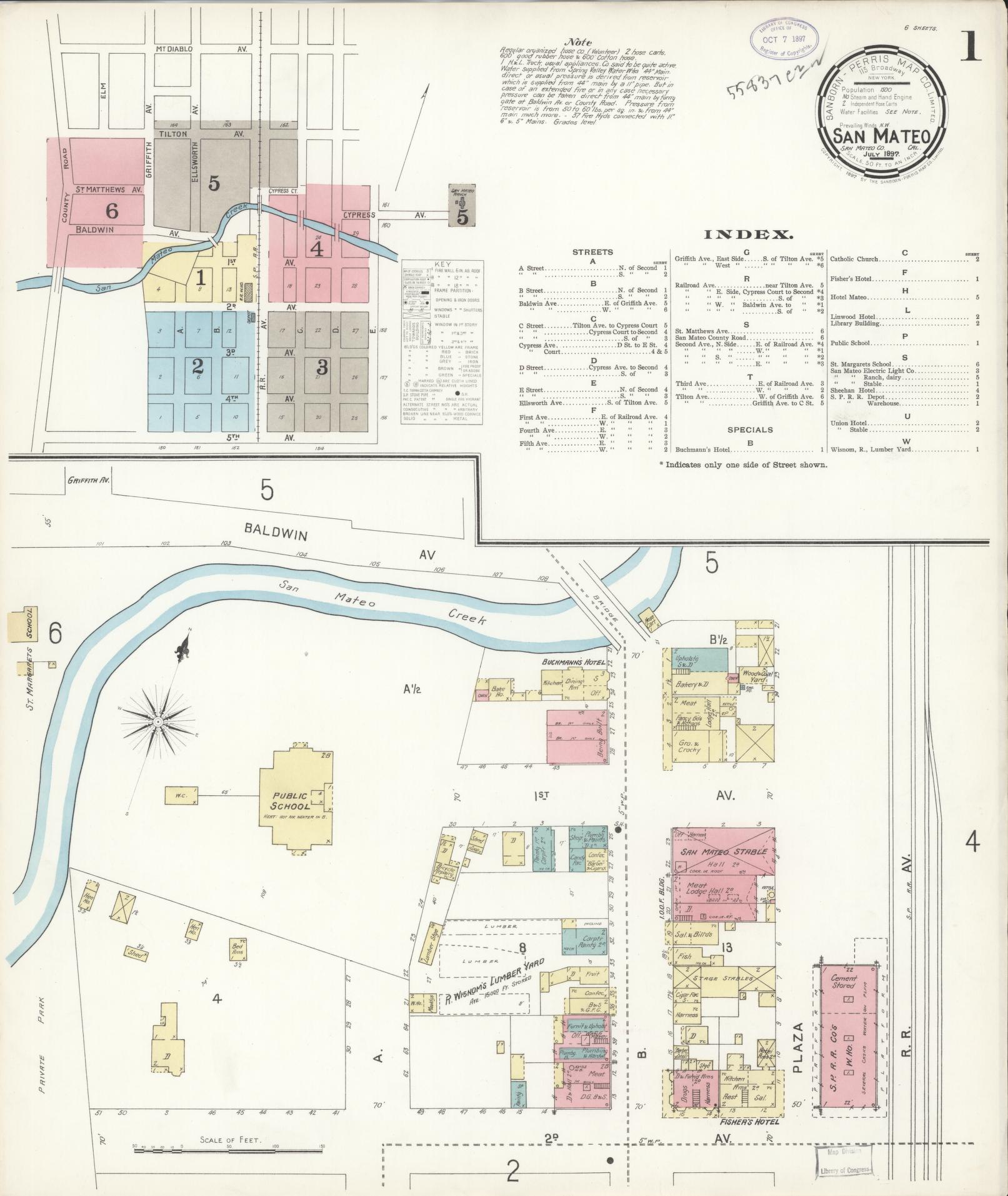Sanborn Fire Insurance Map from San Mateo, San Mateo County, California (1897), Sheet #0001 - Complete Map Set gallery image, historic Sanborn map, vintage wall art, California California