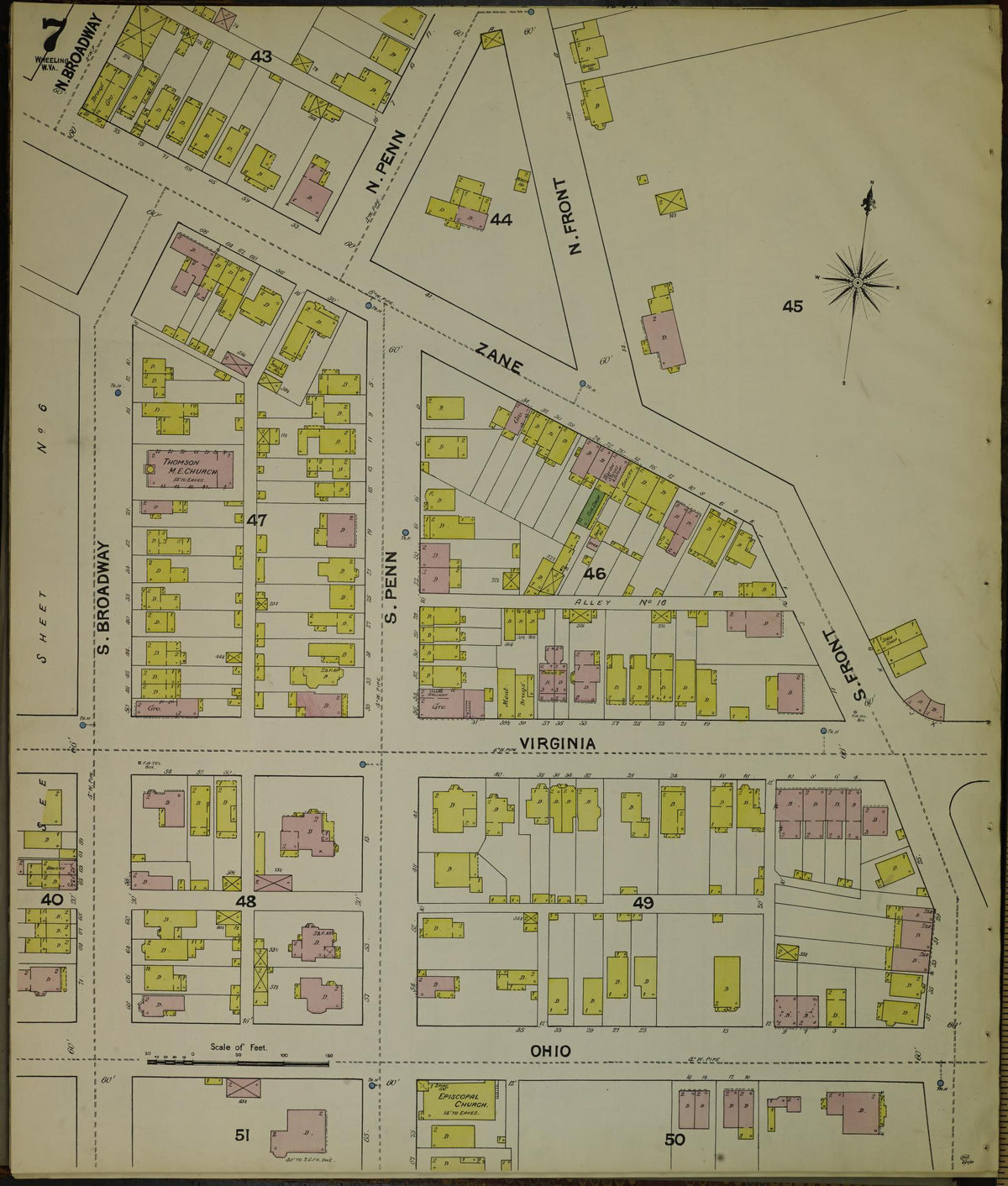 Sanborn Fire Insurance Map from Wheeling, Ohio County, West Virginia (1890), Sheet #0007 - Historic Sanborn Fire Insurance Map Print, vintage old map wall art, antique decor, genealogy gift, West Virginia West Virginia map