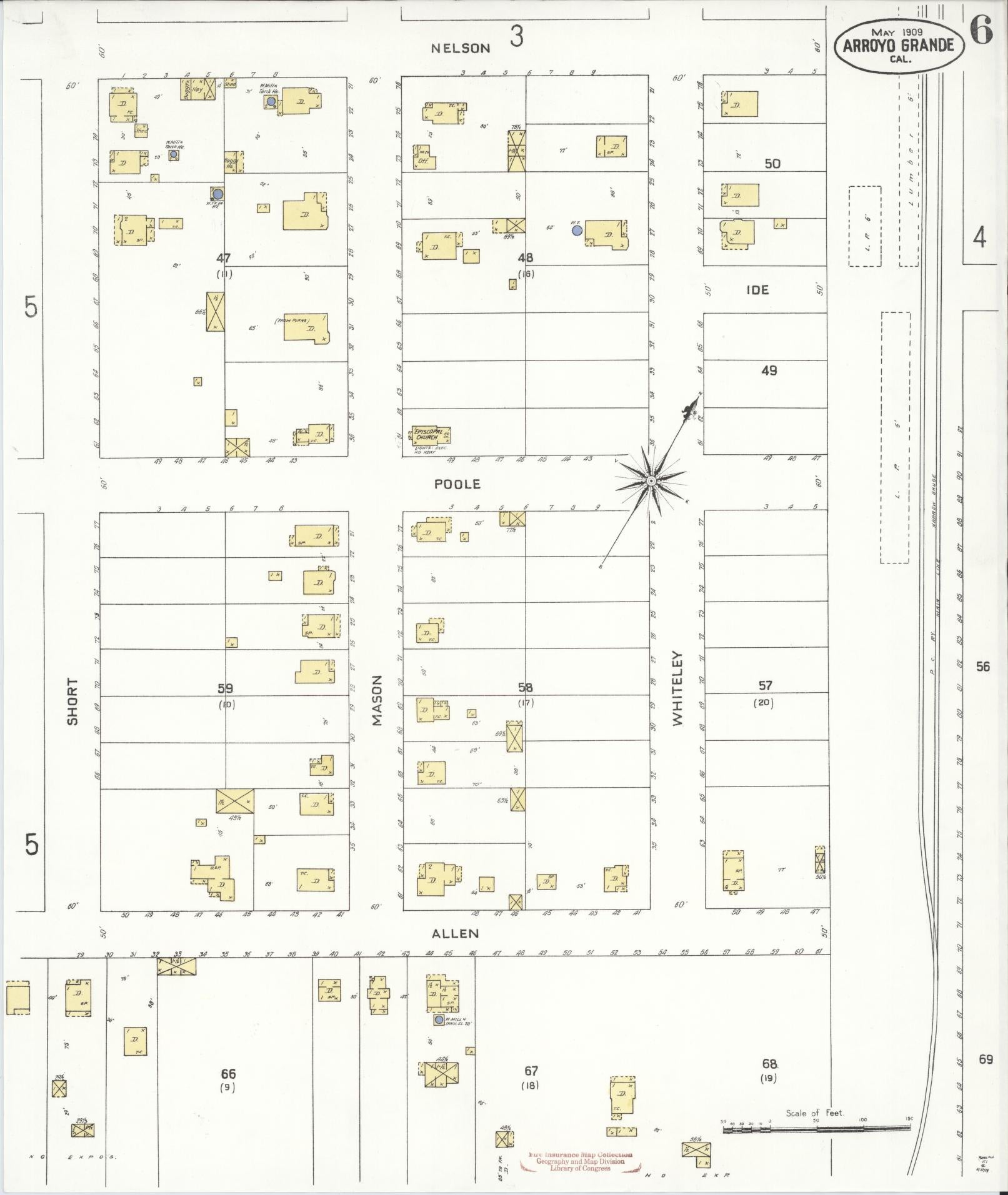 Sanborn Fire Insurance Map from Arroyo Grande, San Luis Obispo County, California (1909), Sheet #0006 - Historic Sanborn Fire Insurance Map Print, vintage old map wall art, antique decor, genealogy gift, California California map